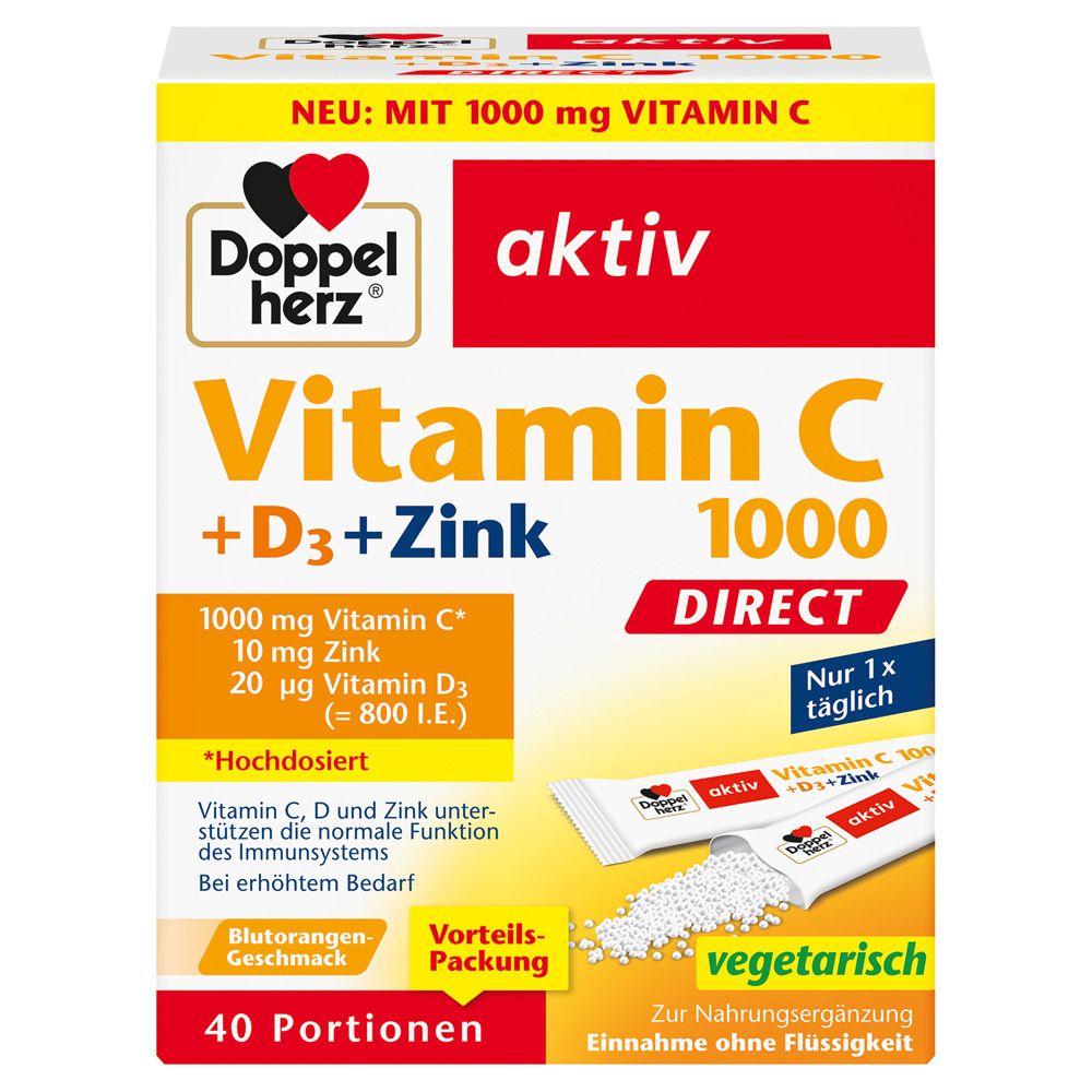 Verpackung von Vitamin C 1000+D3+Zink DIRECT Pellets. Enthält 40 Portionen. Mit Vitamin C, D3 und Zink. Blutorangen-Geschmack.