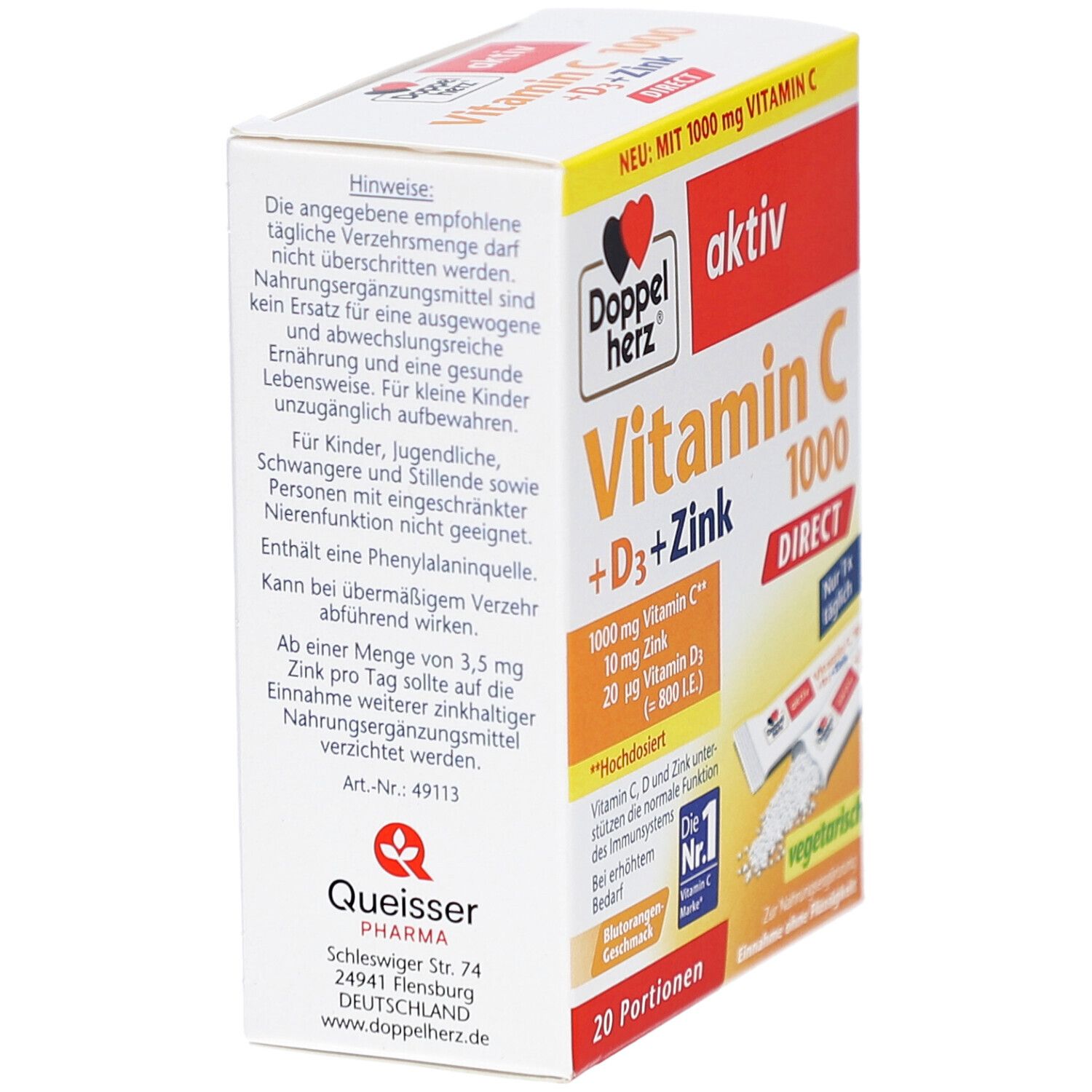 Seitenansicht der Verpackung von Doppelherz aktiv Vitamin C 1000 DIRECT + D3 + Zink. Enthält 20 Portionen. Mit Vitamin C, D3 und Zink.