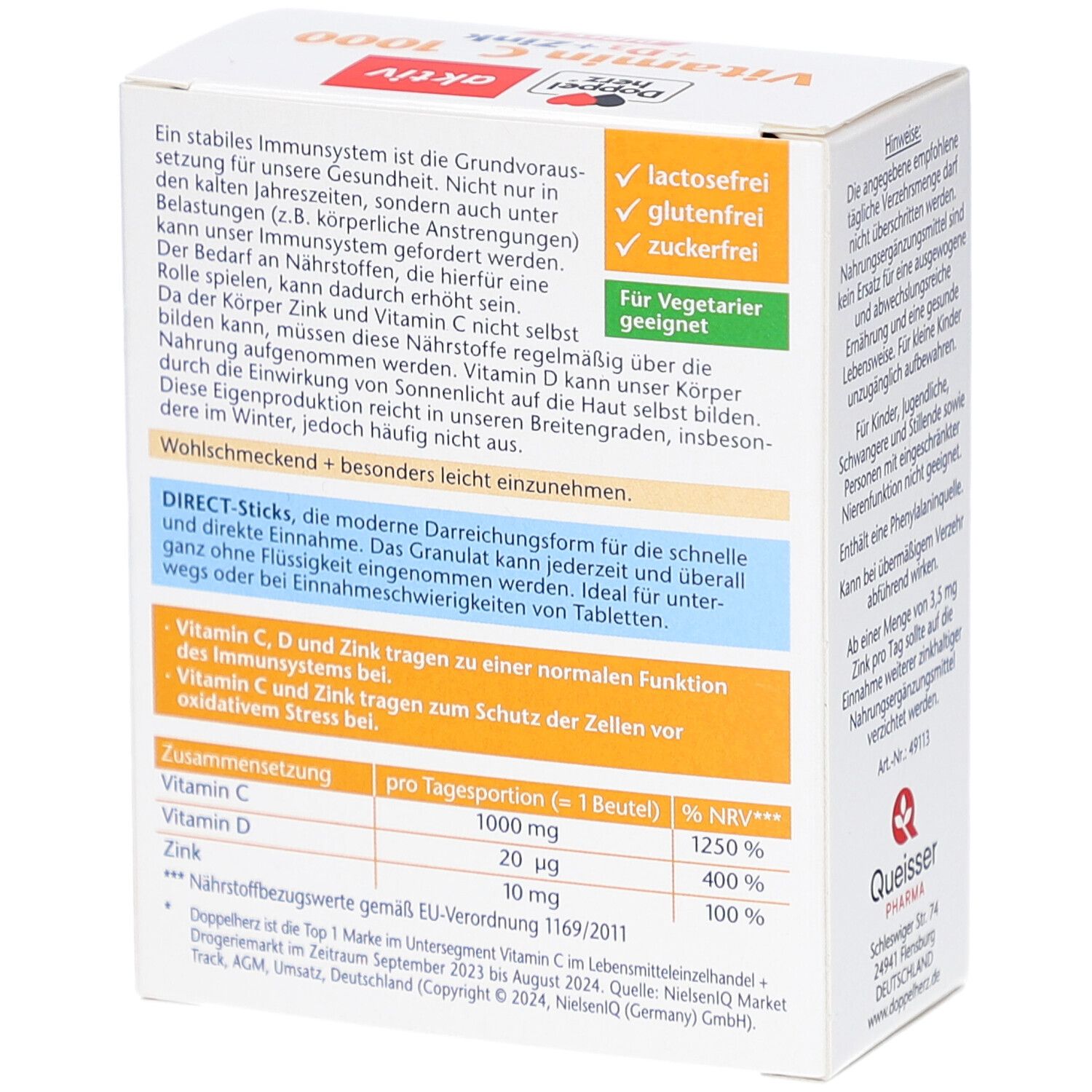 Rückseite der Verpackung von Doppelherz aktiv Vitamin C 1000 DIRECT + D3 + Zink. Enthält Informationen zu Inhaltsstoffen und Nährwerten.