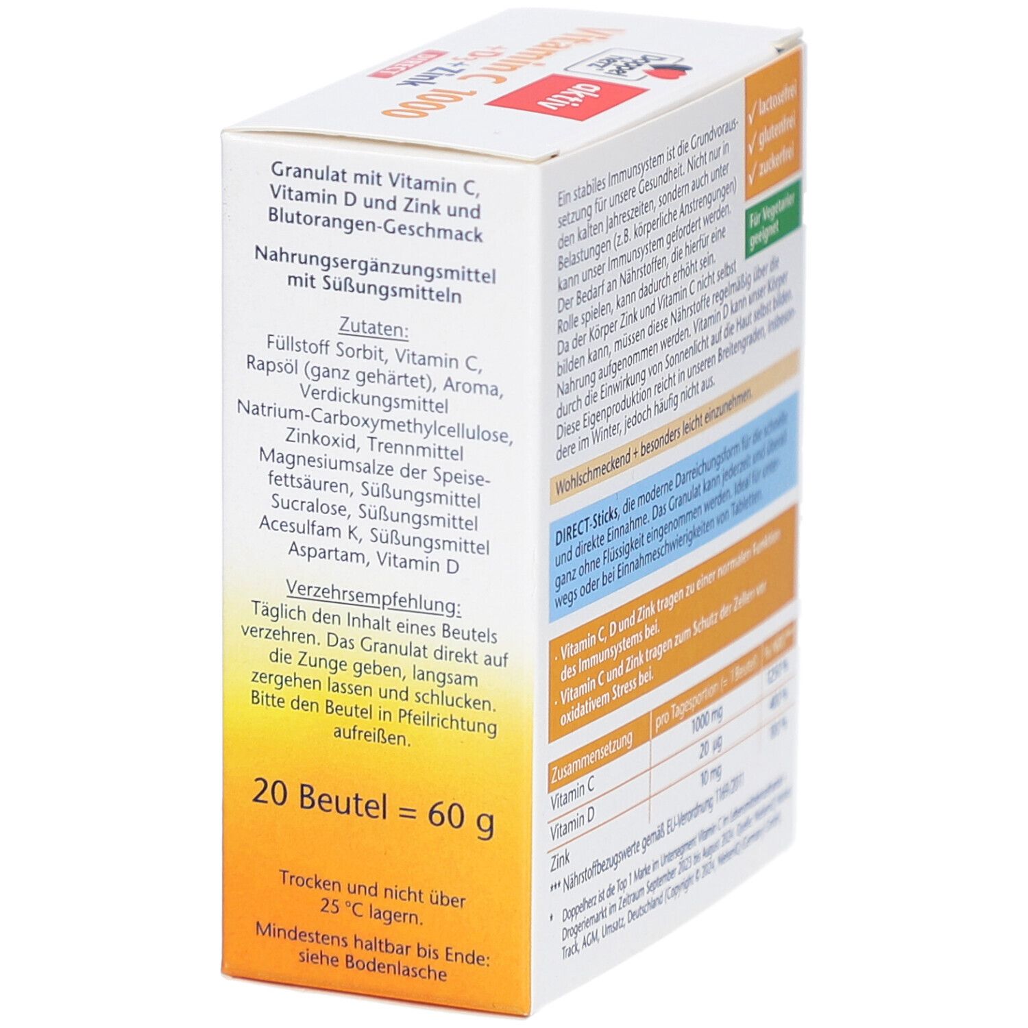 Seitenansicht der Verpackung von Doppelherz aktiv Vitamin C 1000 DIRECT + D3 + Zink. Enthält 20 Beutel. Mit Vitamin C, D3 und Zink.