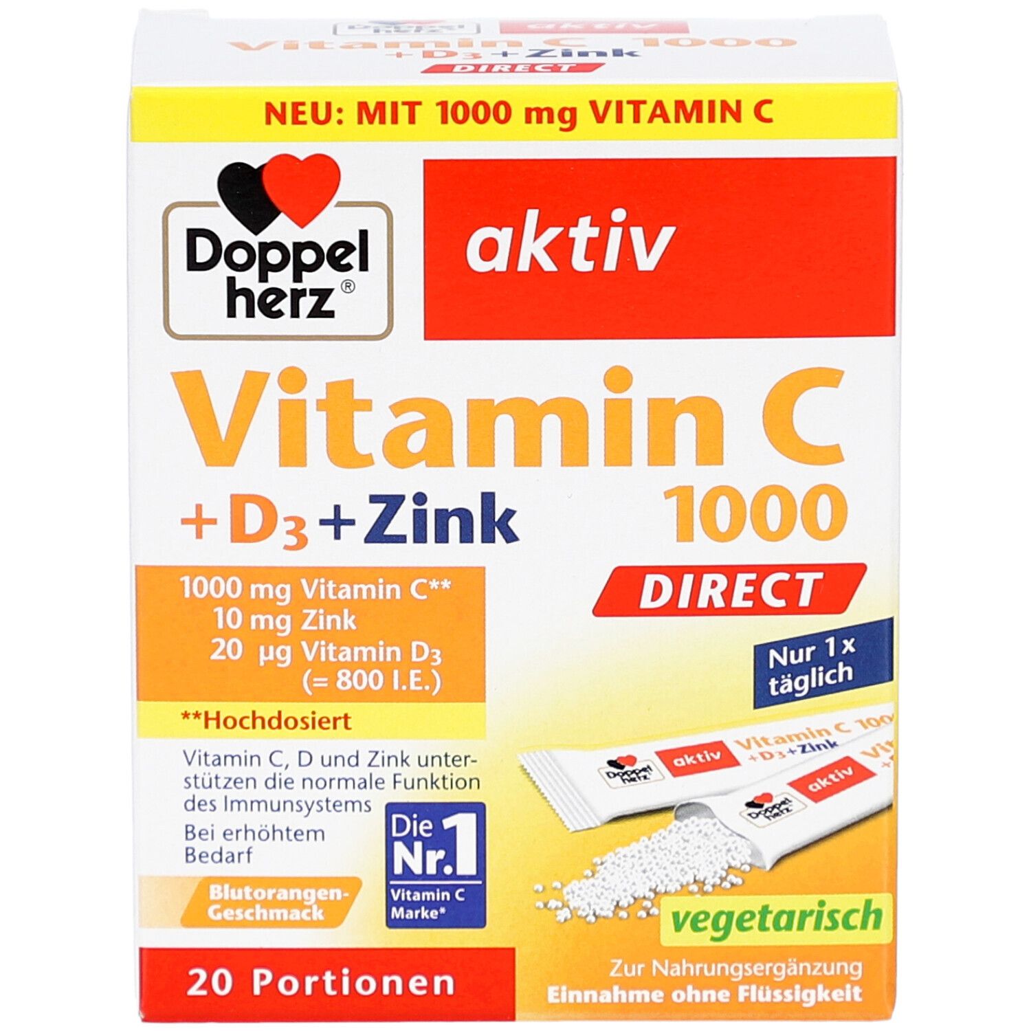 Verpackung von Doppelherz aktiv Vitamin C 1000 DIRECT + D3 + Zink. Enthält 20 Portionen. Mit Vitamin C, D3 und Zink. Vegetarisch.