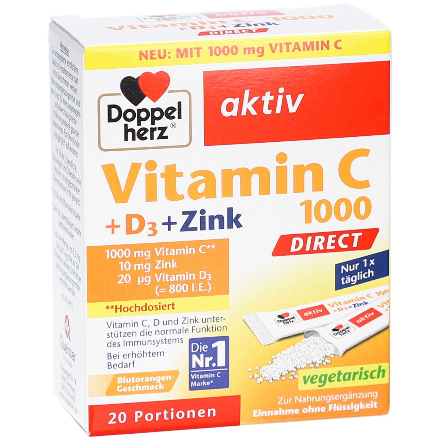 Verpackung von Doppelherz aktiv Vitamin C 1000 DIRECT + D3 + Zink. Enthält 20 Portionen. Mit Vitamin C, D3 und Zink. Vegetarisch.