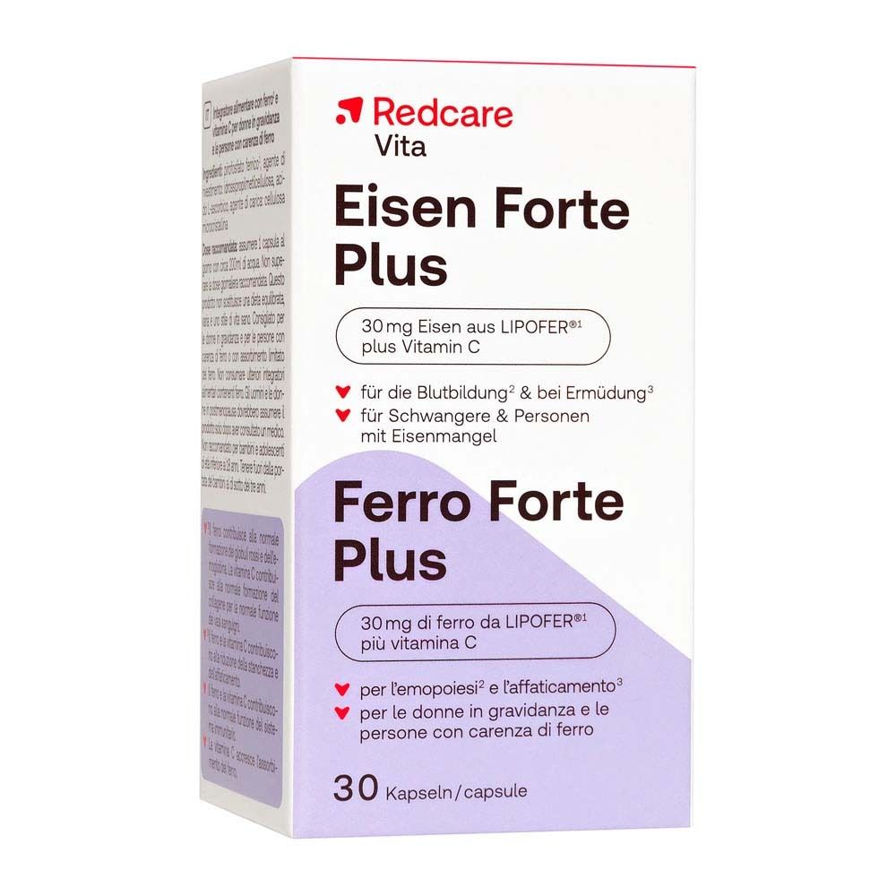Packung Redcare Eisen Forte Plus. Enthält 30 Kapseln. Aufschrift: 30mg Eisen plus Vitamin C.