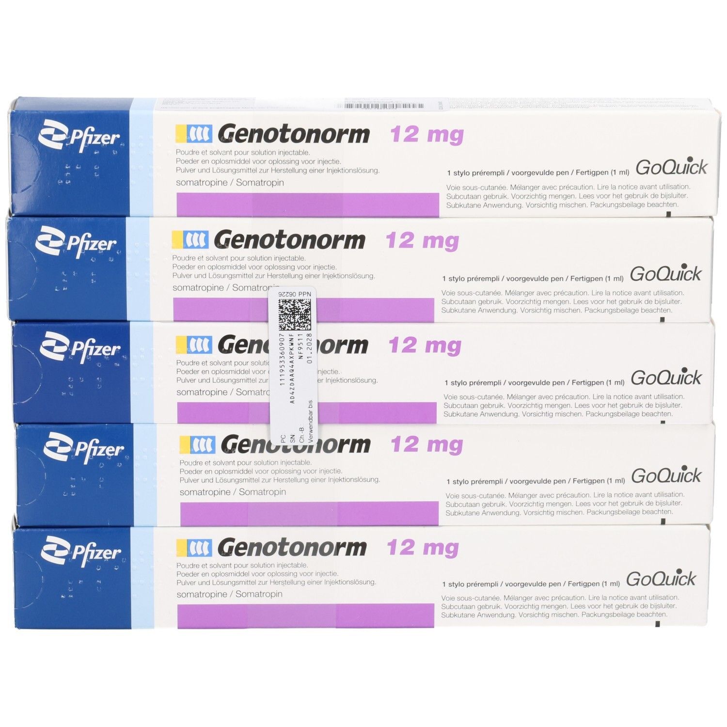 Fünf Packungen GENOTONORM 12 mg/ml GoQuick Fertigpen. Blaue und weiße Schachteln mit Produktinformationen und Pfizer-Logo.