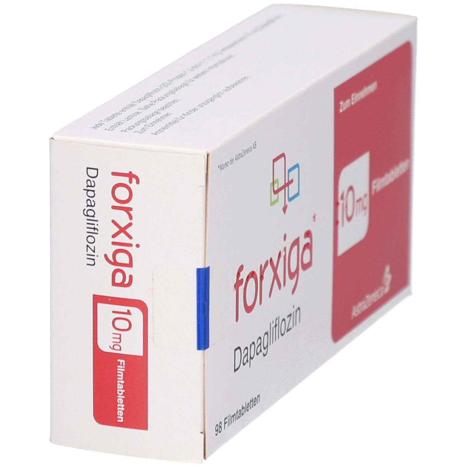 FORXIGA 10 mg Filmtabletten-Packung. Weißer Karton mit rotem Feld und Produktinformationen. Ansicht schräg.