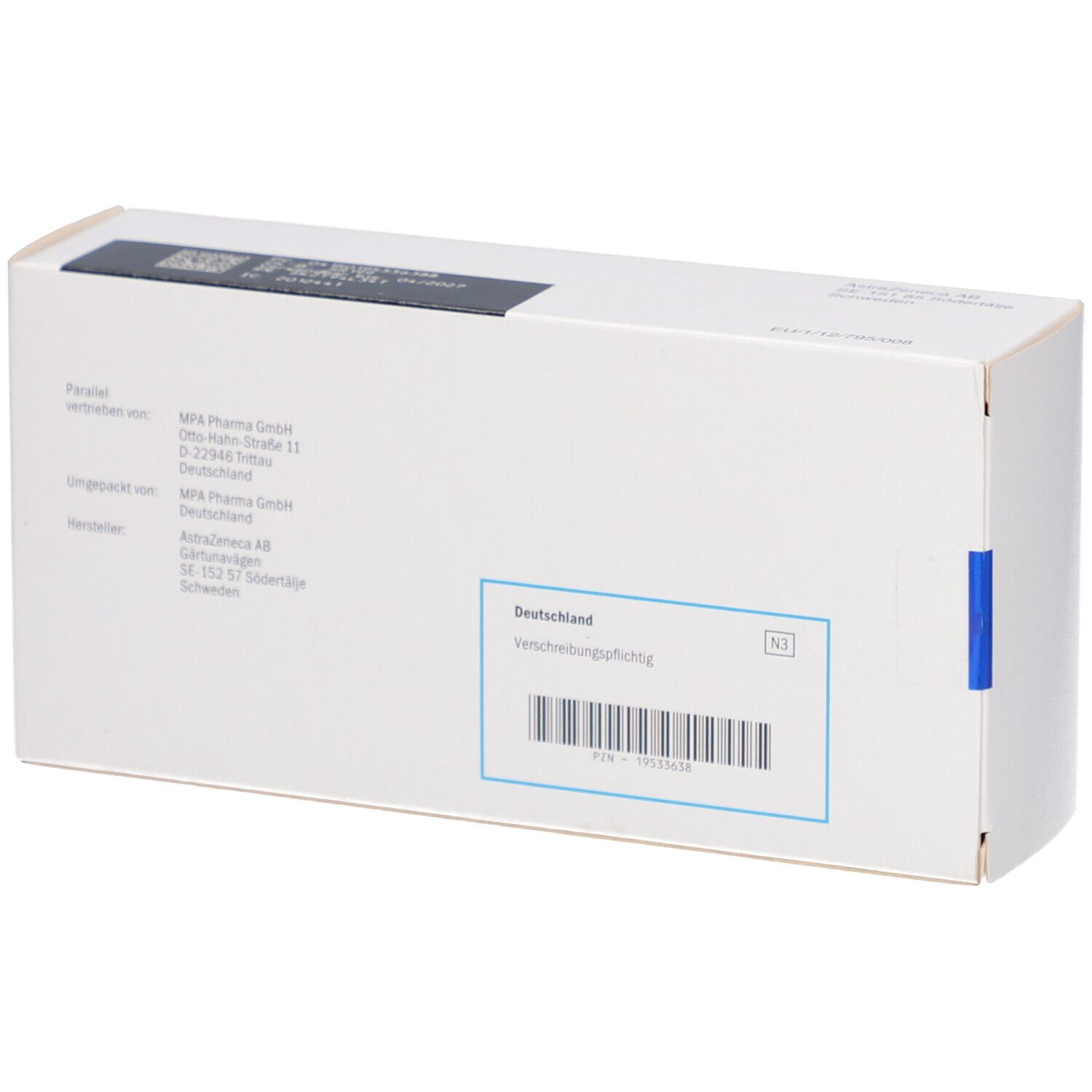 Rückseite der FORXIGA 10 mg Filmtabletten-Packung. Weißer Karton mit Barcode und Herstellerinformationen.