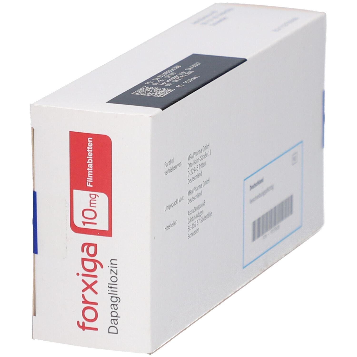 FORXIGA 10 mg Filmtabletten-Packung. Weißer Karton mit rotem Feld und Produktinformationen. Ansicht schräg.