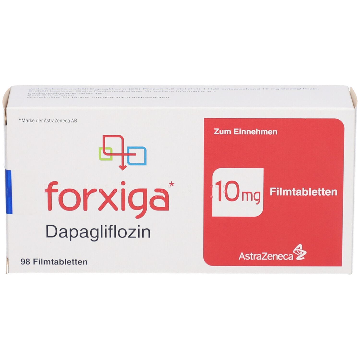 FORXIGA 10 mg Filmtabletten-Packung. Weißer Karton mit rotem Feld und Produktinformationen. 98 Filmtabletten.