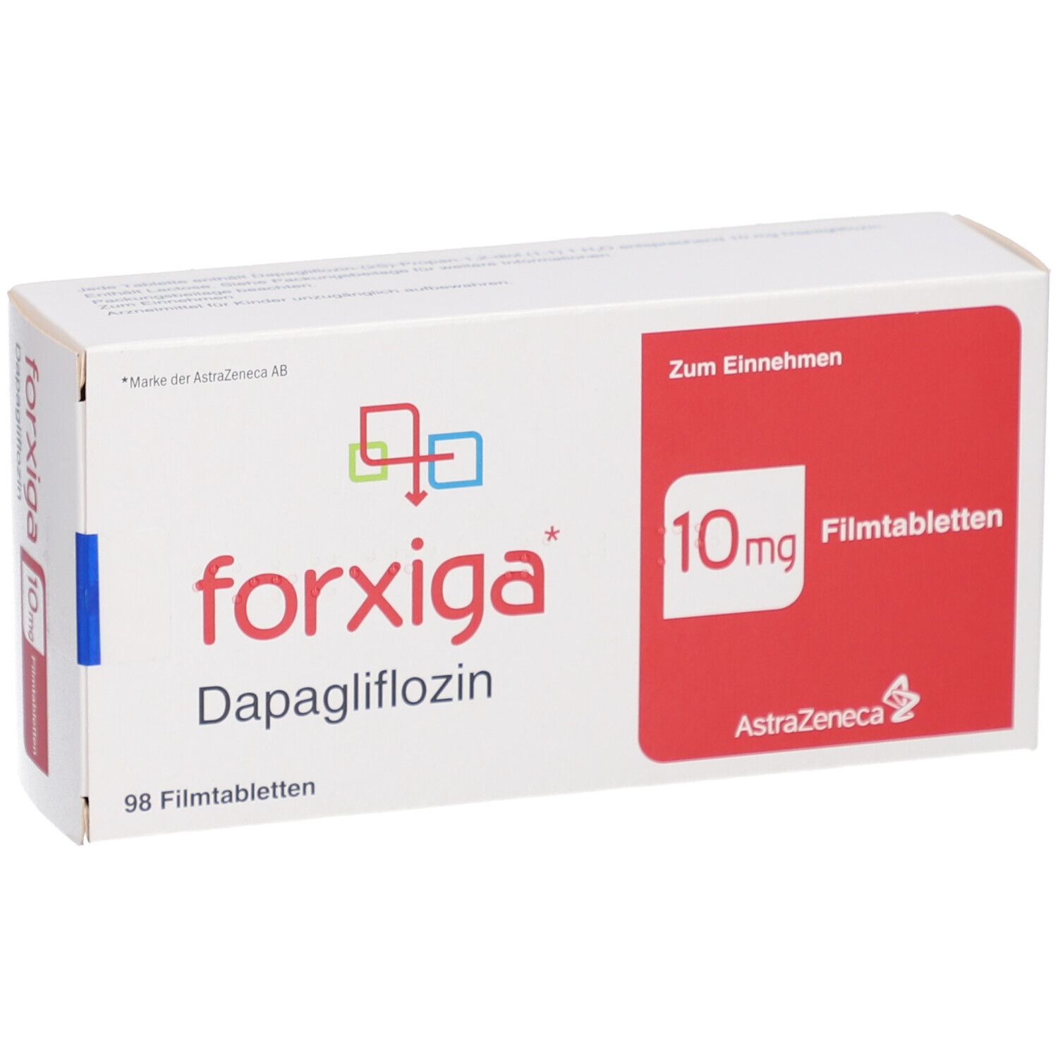 FORXIGA 10 mg Filmtabletten-Packung. Weißer Karton mit rotem Feld und Produktinformationen. 98 Filmtabletten.
