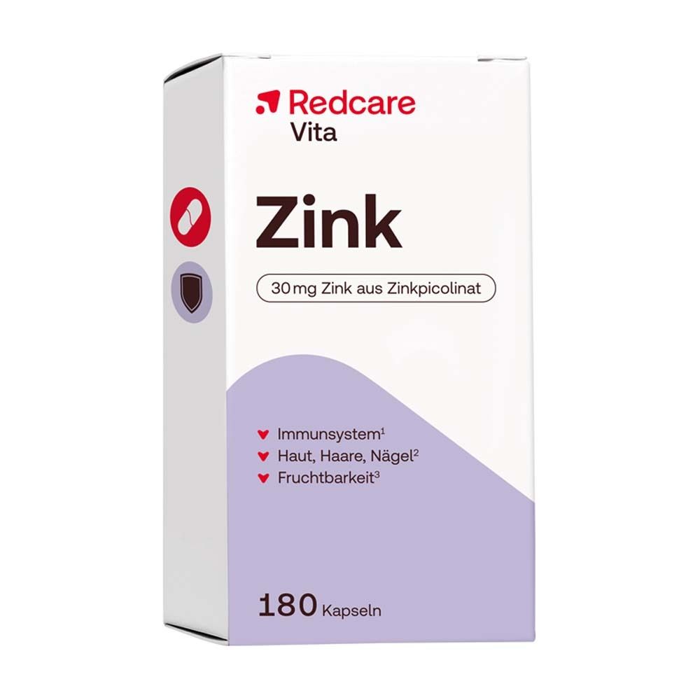 Redcare Vita Zink-Verpackung. Weiße Schachtel mit Produktnamen und Inhaltsangaben. 180 Kapseln.