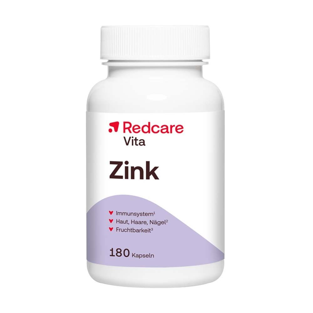 Redcare Vita Zink-Flasche. Weiße Flasche mit Schraubverschluss. Produktname und Inhaltsangaben. 180 Kapseln.
