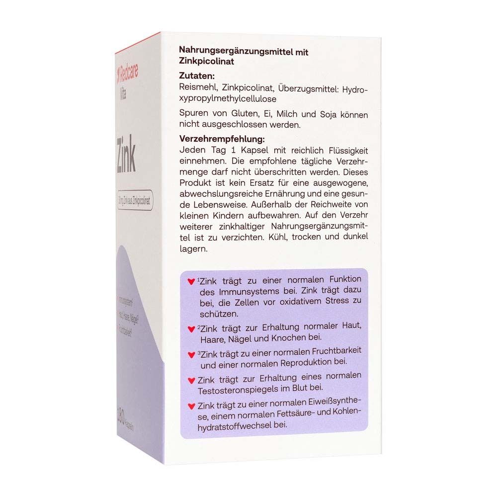 Rückseite der Schachtel Redcare Vita Zink. Enthält Informationen zu Inhaltsstoffen, Verzehrempfehlung und Warnhinweisen.