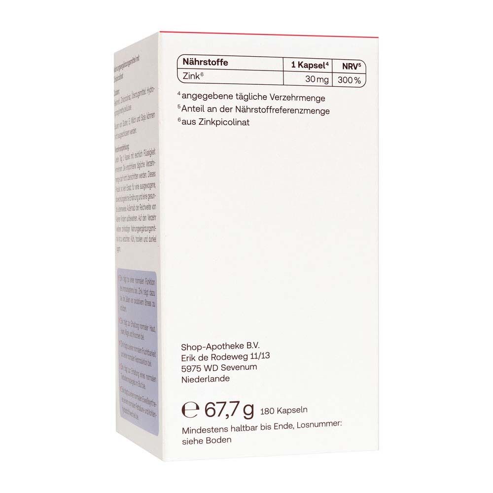 Rückseite der Schachtel Redcare Vita Zink. Enthält Nährwertangaben, Herstellerinformationen und Mindesthaltbarkeitsdatum.