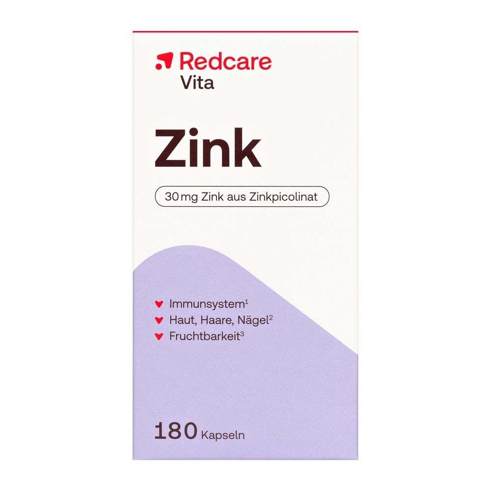 Schachtel Redcare Vita Zink. Aufschrift: Zink, 180 Kapseln. Enthält 30mg Zink aus Zinkpicolinat. Mit lila Akzenten.