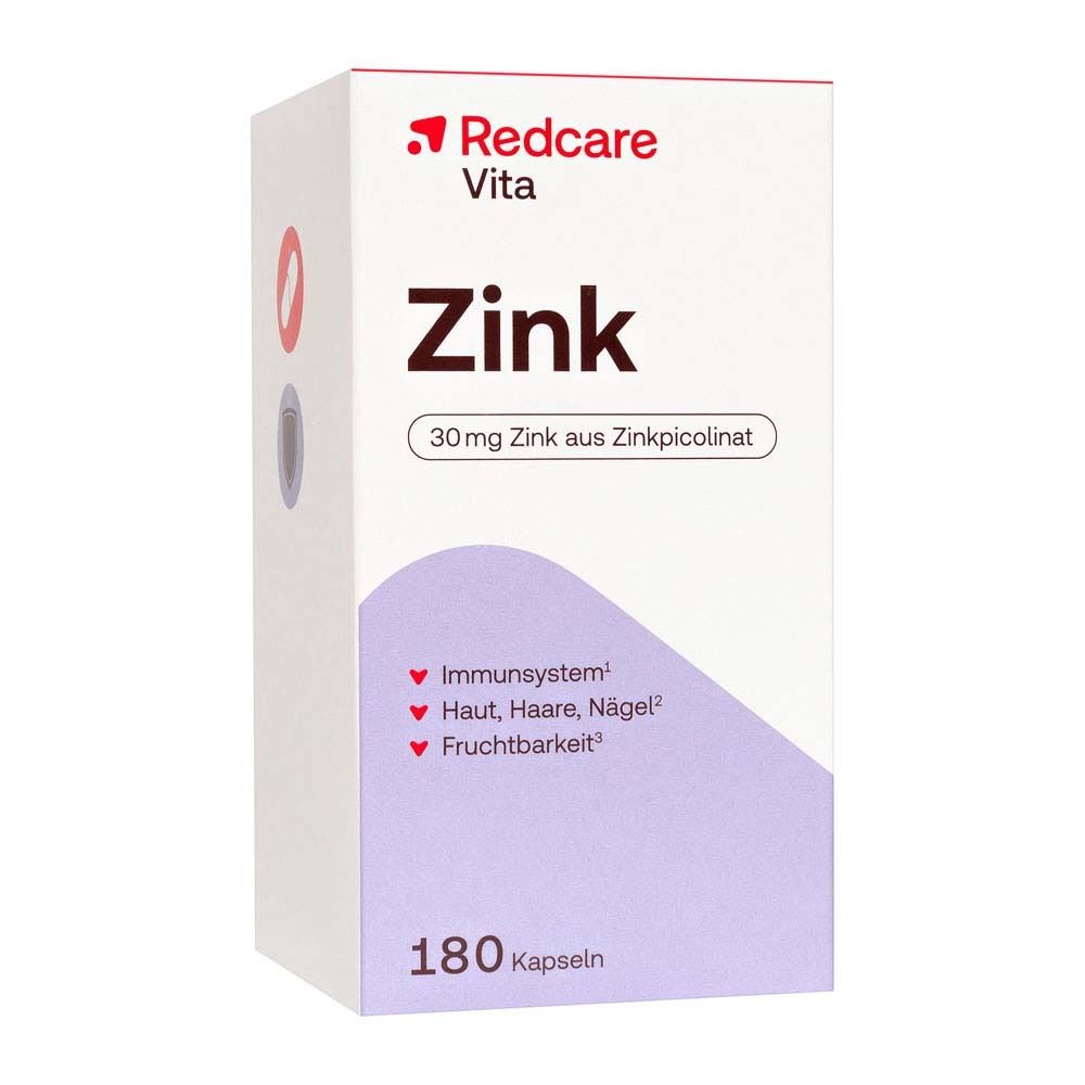 Schachtel Redcare Vita Zink. Aufschrift: Zink, 180 Kapseln. Enthält 30mg Zink aus Zinkpicolinat. Mit lila Akzenten.