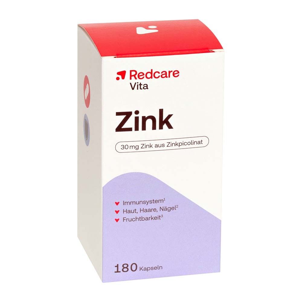 Schachtel Redcare Vita Zink. Aufschrift: Zink, 180 Kapseln. Enthält 30mg Zink aus Zinkpicolinat. Mit rotem Deckel.
