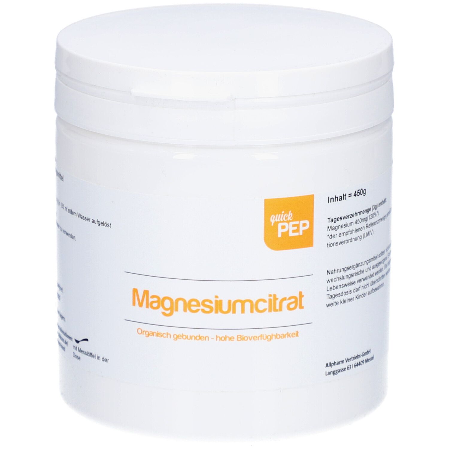 Weiße Dose mit quickPEP-Logo und Aufschrift Magnesiumcitrat. Organisch gebunden, hohe Bioverfügbarkeit. Inhalt 450g.