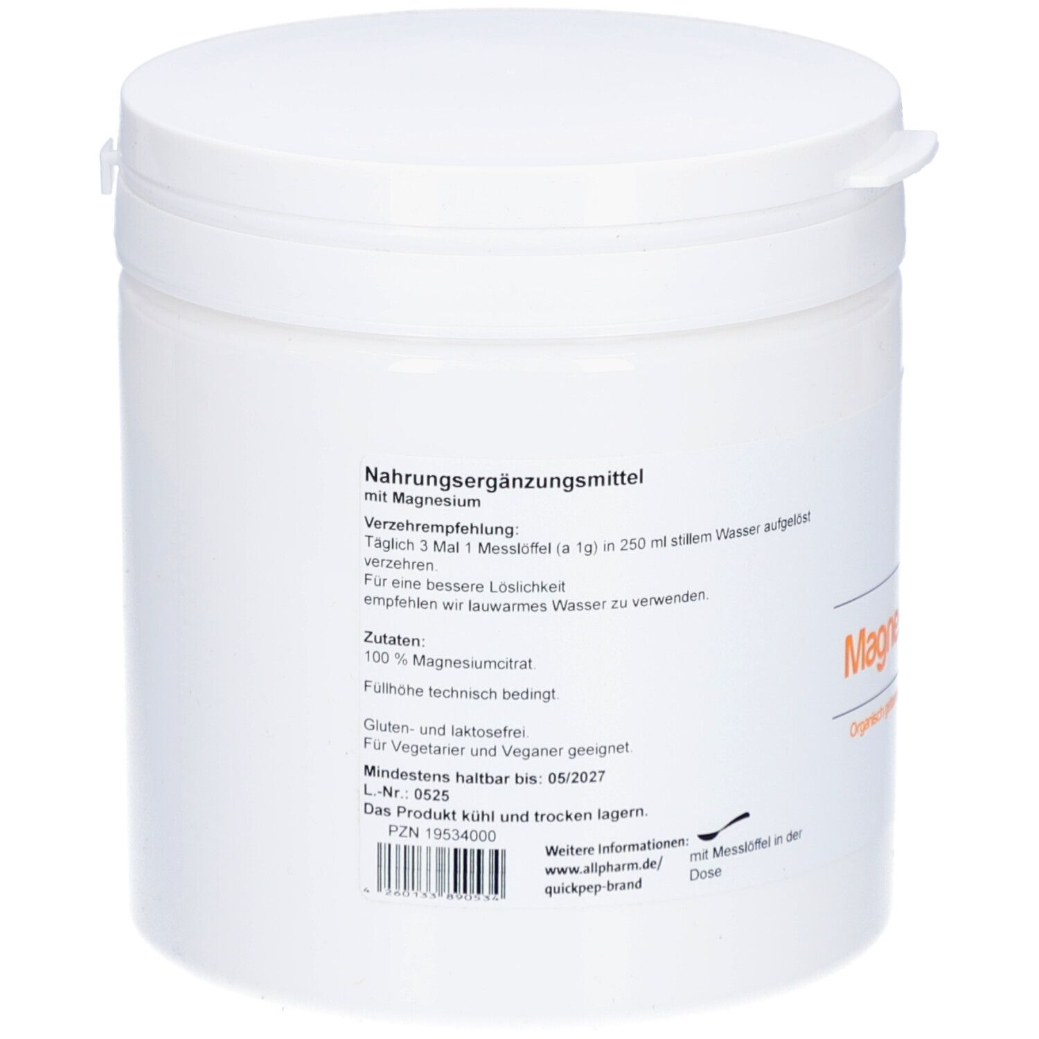 Rückseite der weißen Dose mit Informationen. Nahrungsergänzungsmittel mit Magnesium. Zutaten, Verzehrempfehlung, Mindesthaltbarkeit.