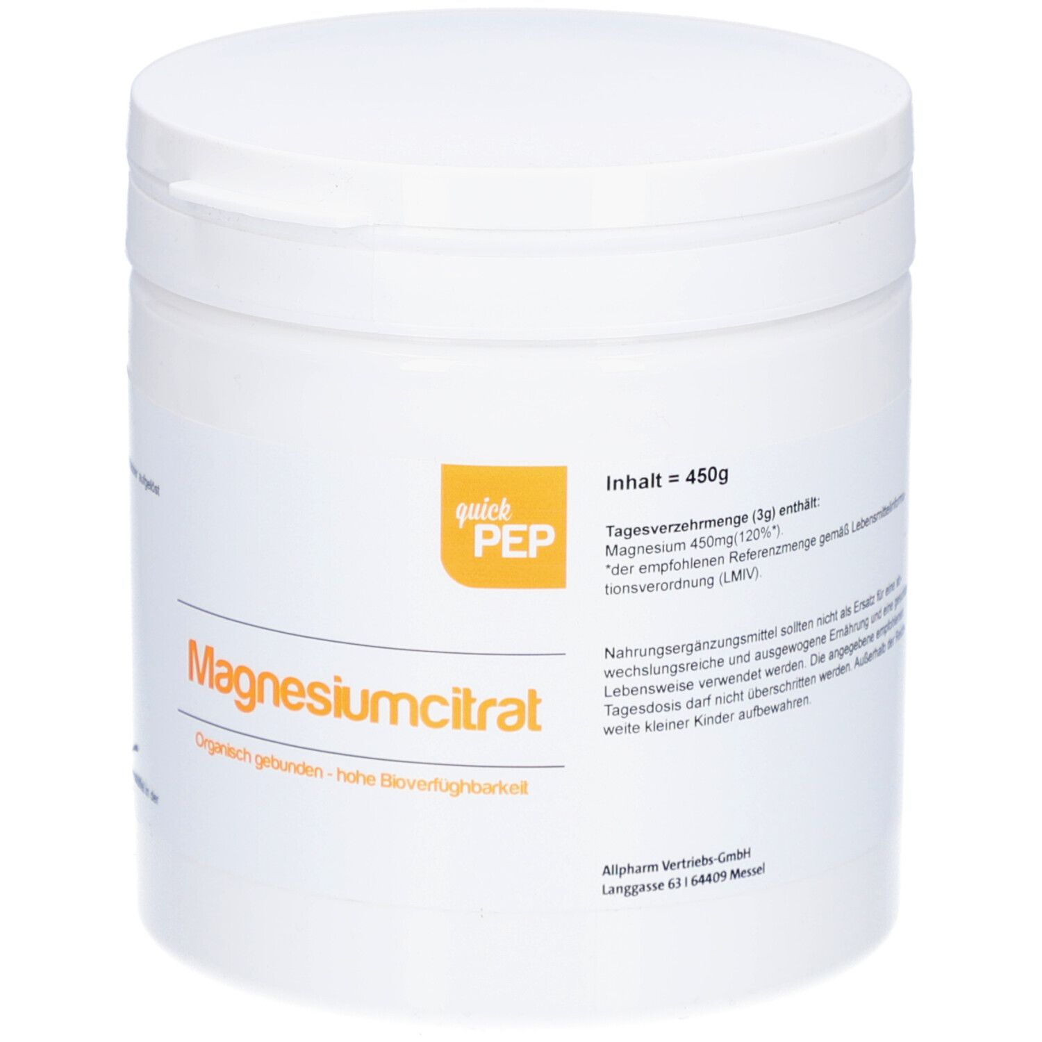 Weiße Dose mit quickPEP-Logo und Aufschrift Magnesiumcitrat. Inhalt 450g. Informationen zur Tagesverzehrmenge.