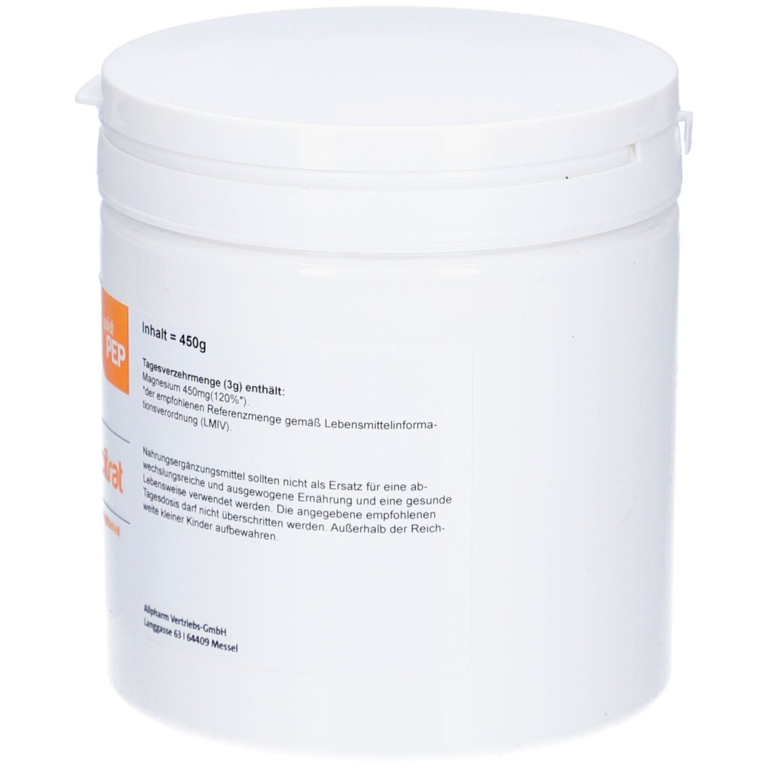 Weiße Dose mit quickPEP-Logo und Aufschrift Magnesiumcitrat. Inhalt 450g. Informationen zur Tagesverzehrmenge.