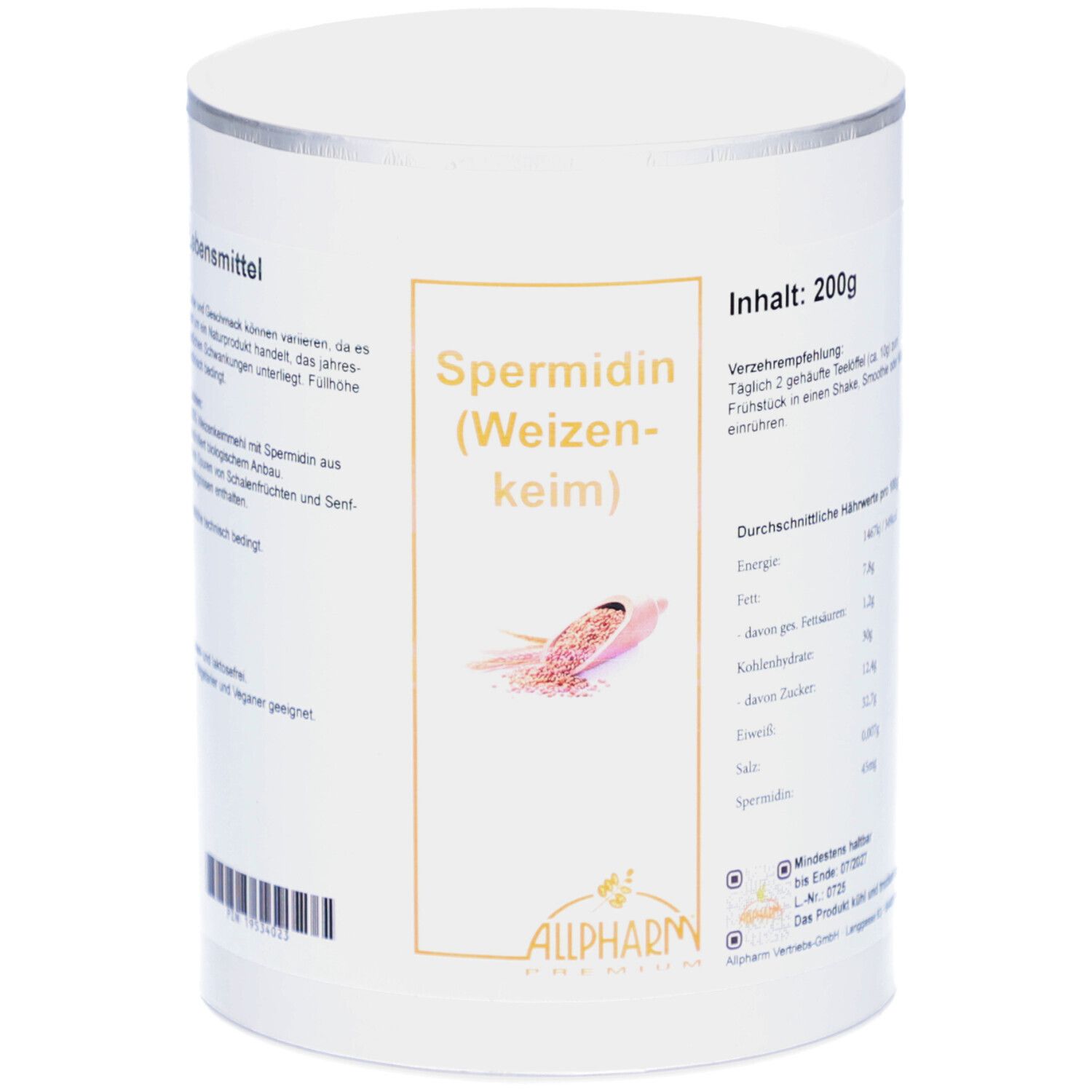 Weißer Zylinderbehälter mit silbernem Deckel. Aufschrift: Spermidin (Weizenkeim) und ALLPHARM. Abbildung von Weizenkeim. Inhalt: 200g.