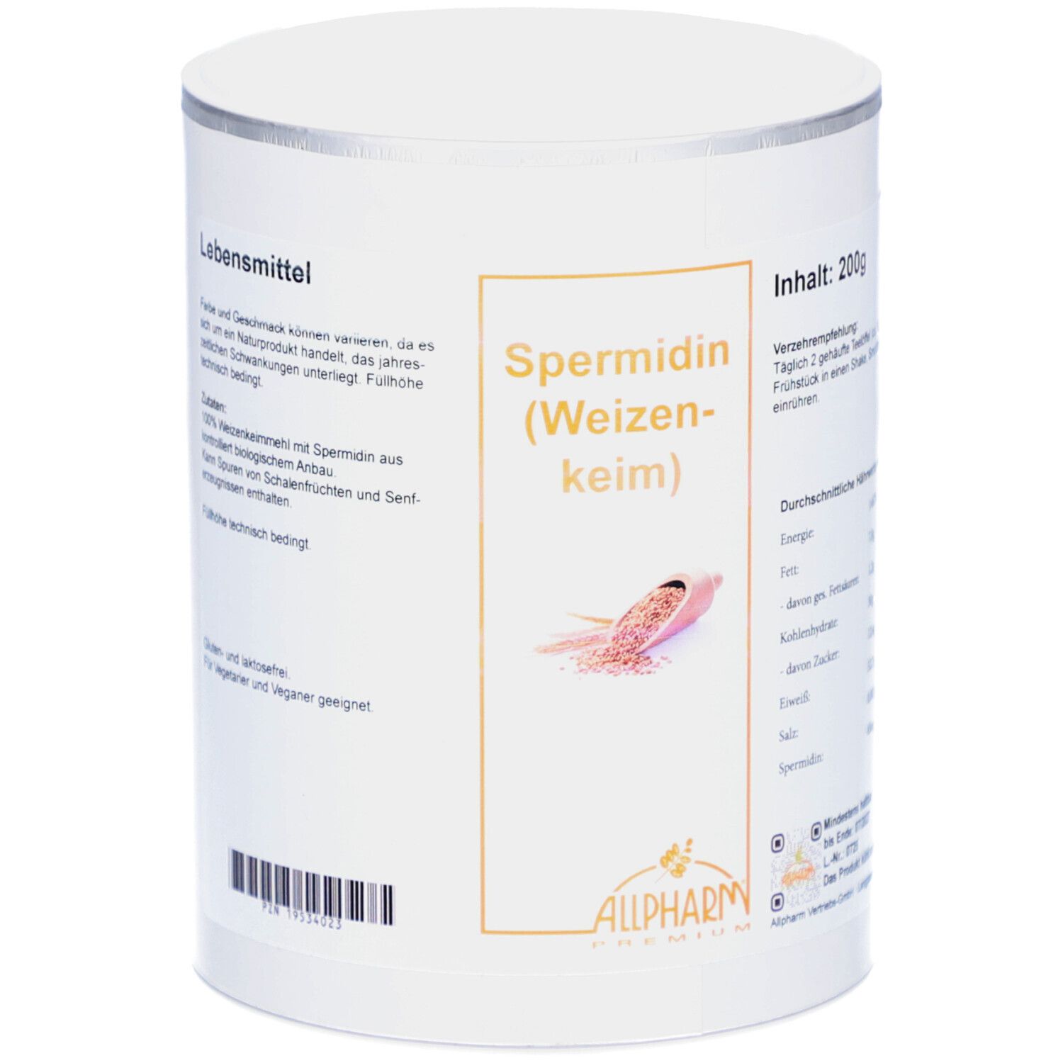Weißer Zylinderbehälter mit silbernem Deckel. Aufschrift: Spermidin (Weizenkeim) und ALLPHARM. Abbildung von Weizenkeim.