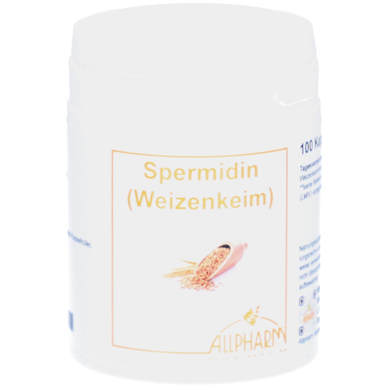 Weiße Dose mit Aufschrift Spermidin (Weizenkeim) und Allpharm Logo. Abbildung von Weizenkeim.