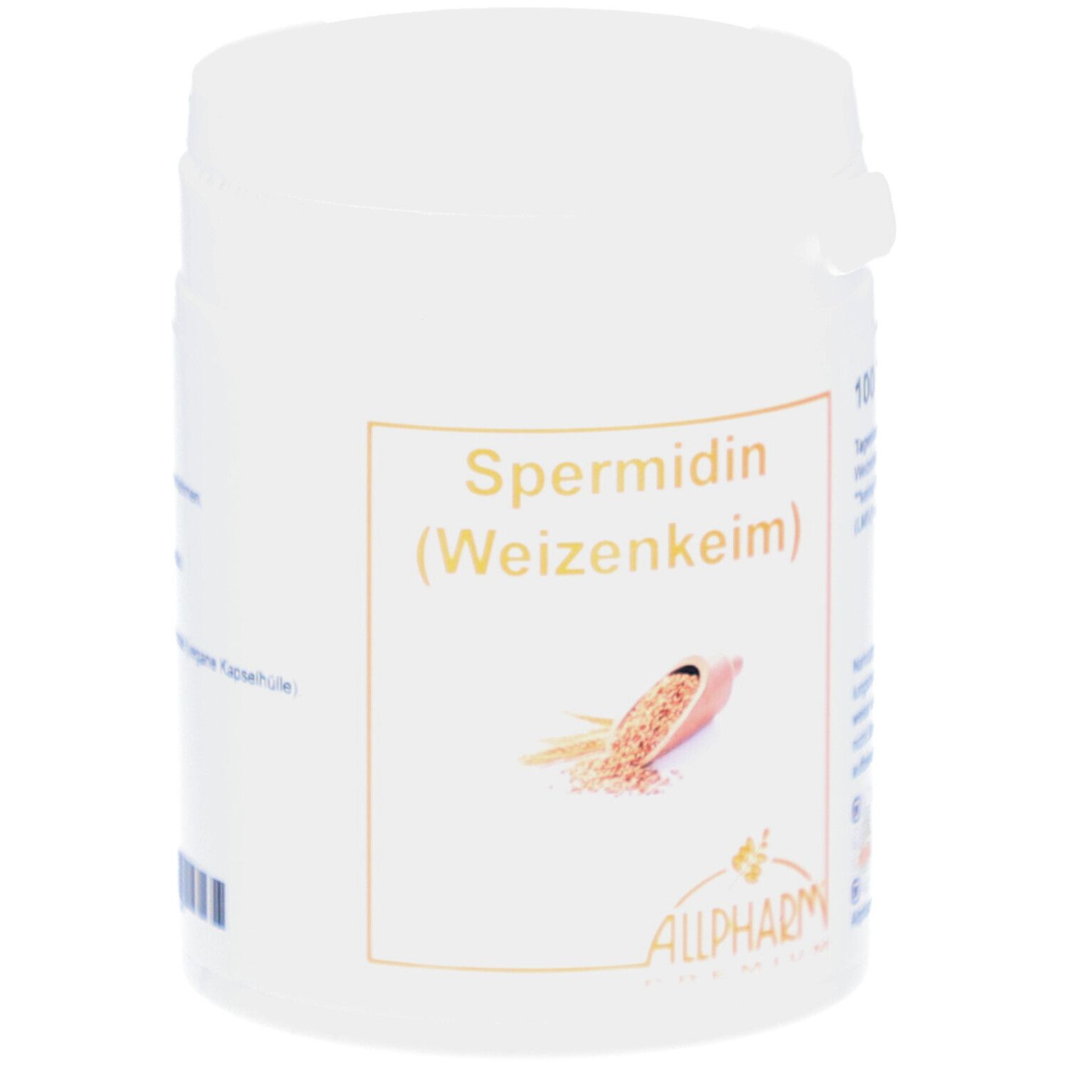 Weiße Dose mit Aufschrift Spermidin (Weizenkeim) und Allpharm Logo. Abbildung von Weizenkeim.