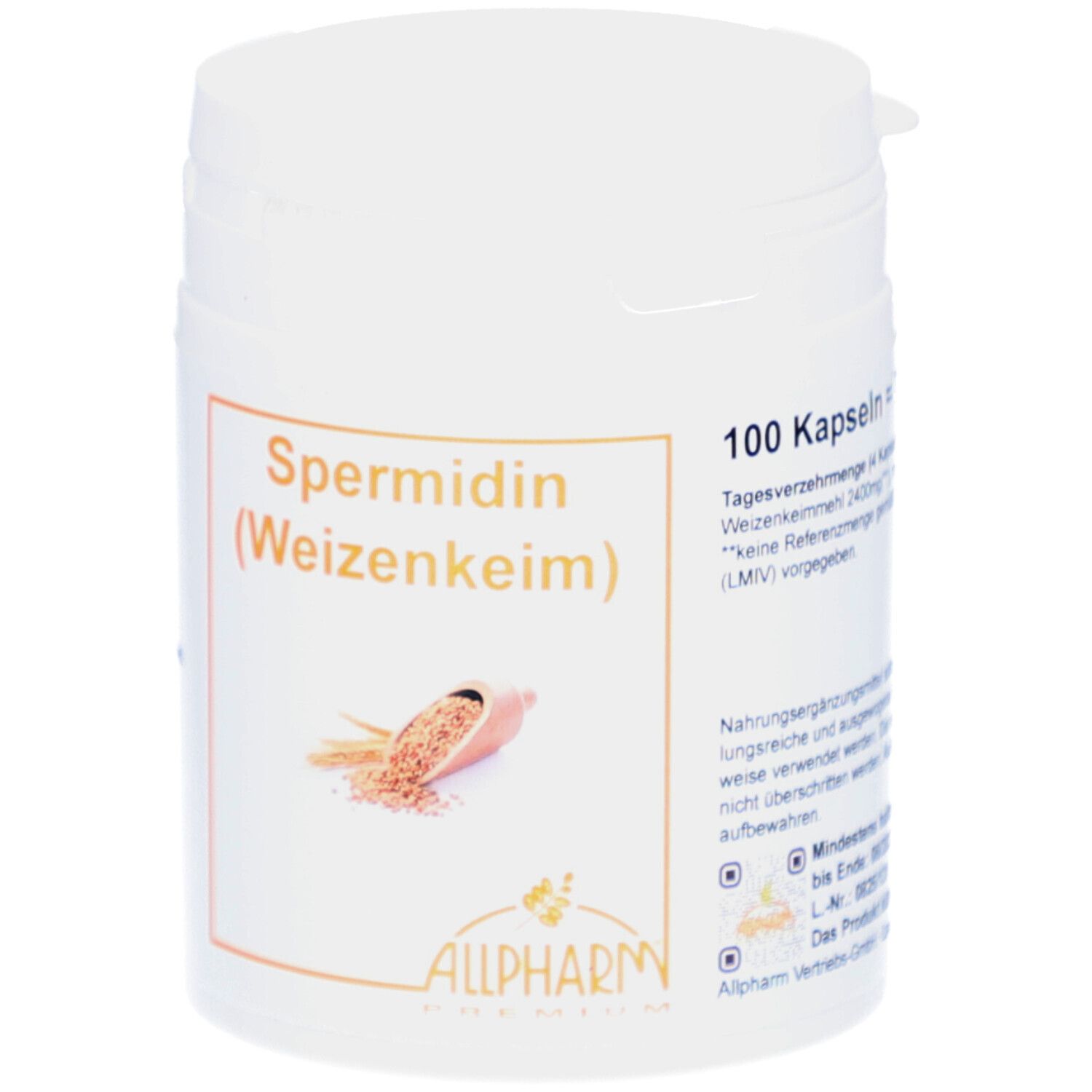 Weiße Dose mit Aufschrift Spermidin (Weizenkeim) und Allpharm Logo. 100 Kapseln. Abbildung von Weizenkeim.