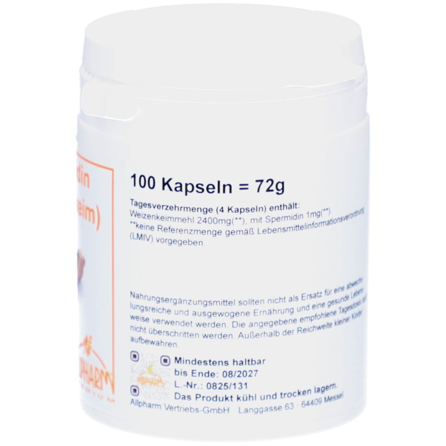 Weiße Dose, Rückseite mit Text. Enthält Informationen über Nahrungsergänzungsmittel, Inhaltsstoffe und Haltbarkeit.