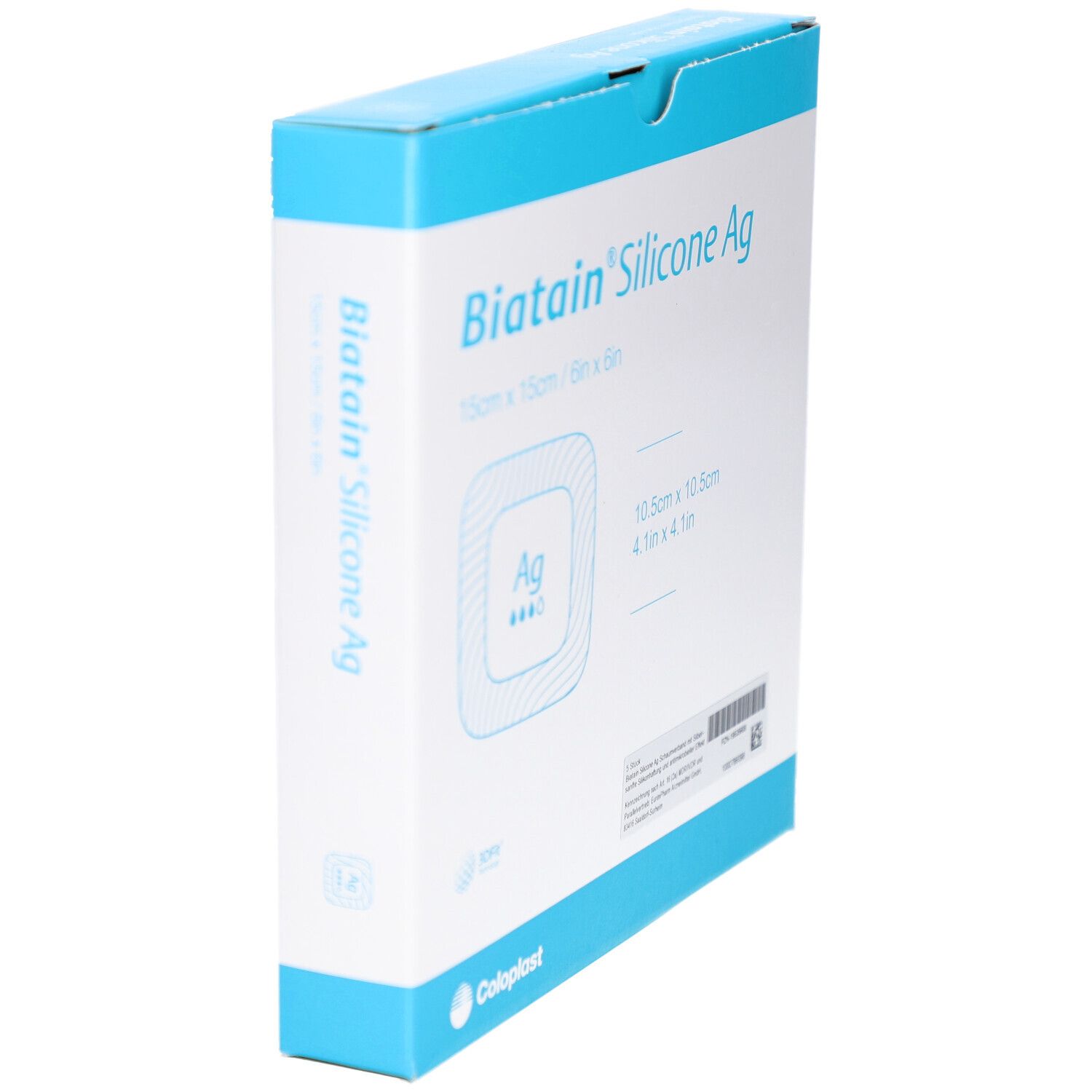 BIATAIN Silicone Ag Verpackung, blaue und weiße Schachtel. Produktname und Größenangaben. Perspektivische Ansicht.