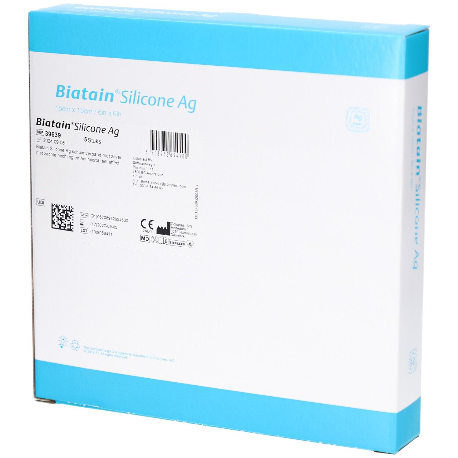 Rückseite der BIATAIN Silicone Ag Verpackung. Produktname, Barcode, und weitere Informationen. Blaue und weiße Schachtel.