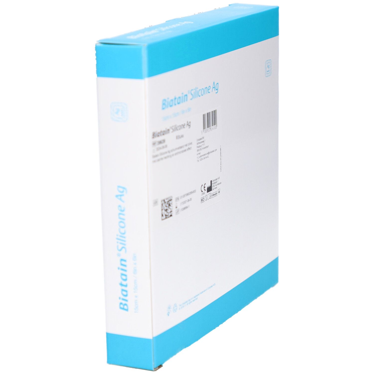 BIATAIN Silicone Ag Verpackung, blaue und weiße Schachtel. Produktname und weitere Informationen. Perspektivische Ansicht.