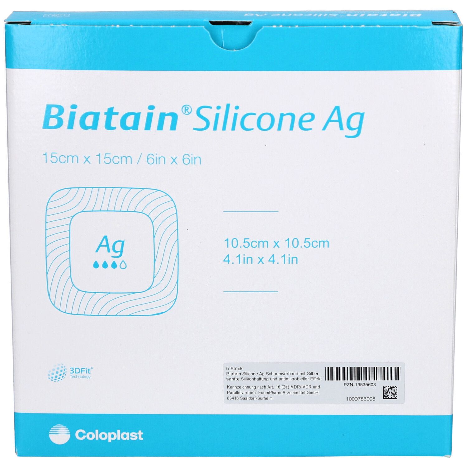 BIATAIN Silicone Ag Verpackung. Blaue und weiße Schachtel mit Produktnamen und Größenangaben. Quadratische Form.