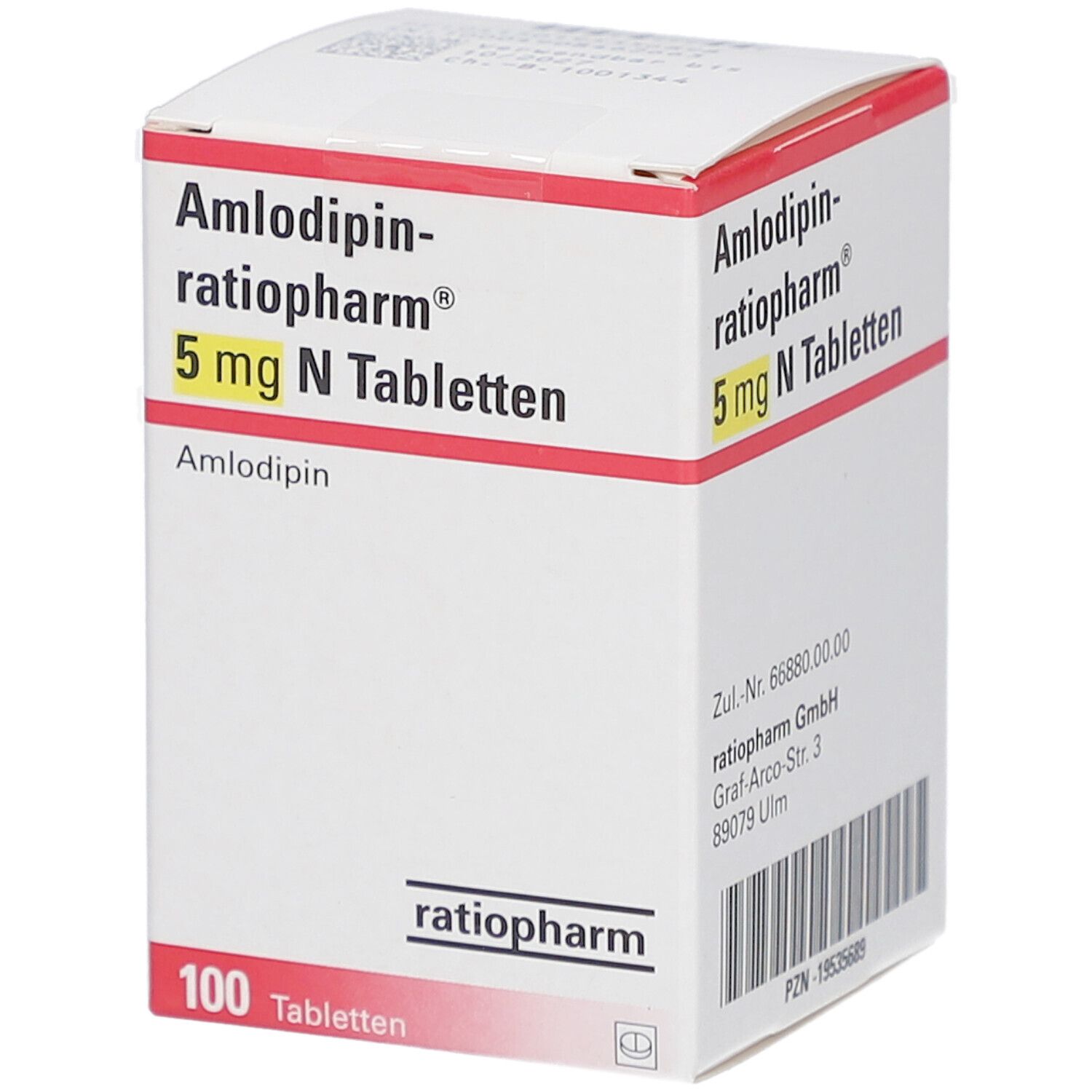 Schachtel mit AMLODIPIN-ratiopharm 5 mg N Tabletten. Aufschrift: 100 Tabletten. Marke ratiopharm.