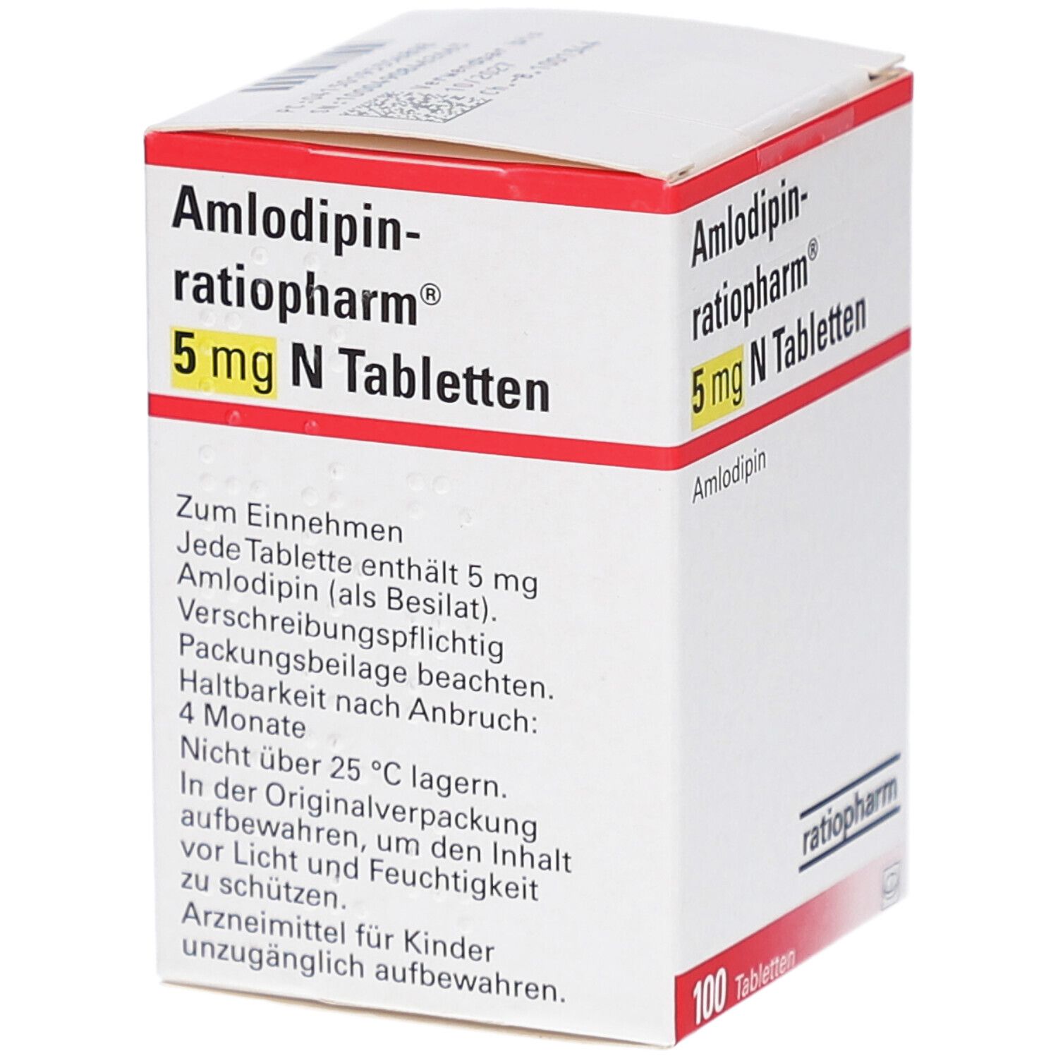 Schachtel mit AMLODIPIN-ratiopharm 5 mg N Tabletten. Text auf der Seite. Marke ratiopharm. 100 Tabletten.