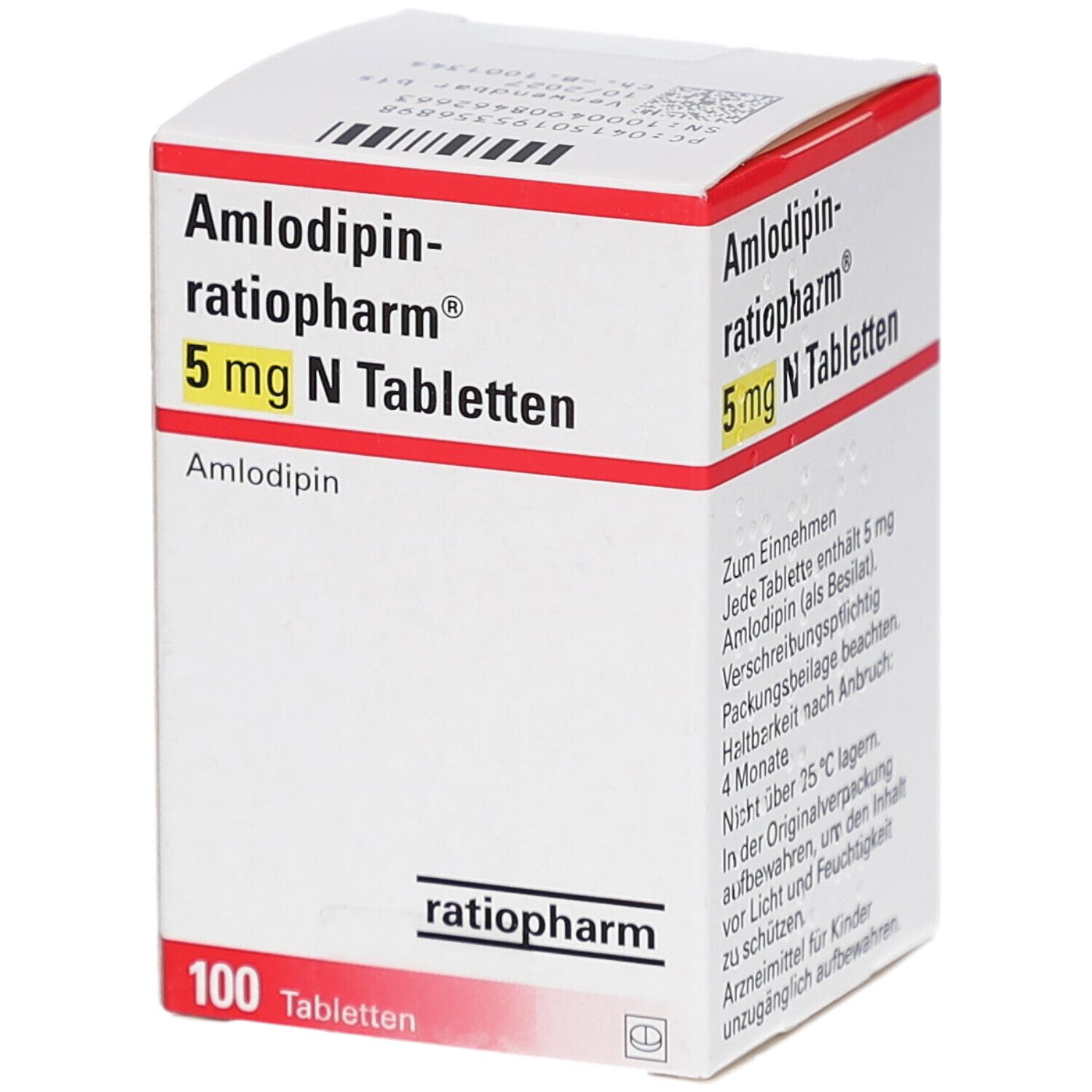 Schachtel mit AMLODIPIN-ratiopharm 5 mg N Tabletten. Text auf der Seite. Marke ratiopharm. 100 Tabletten.