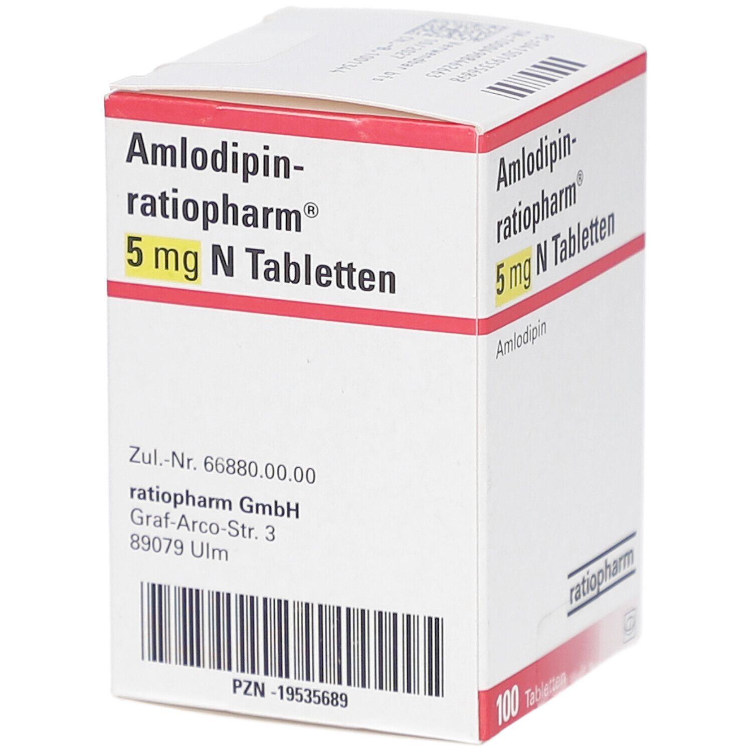 Schachtel mit AMLODIPIN-ratiopharm 5 mg N Tabletten. Text auf der Seite. Marke ratiopharm. 100 Tabletten.