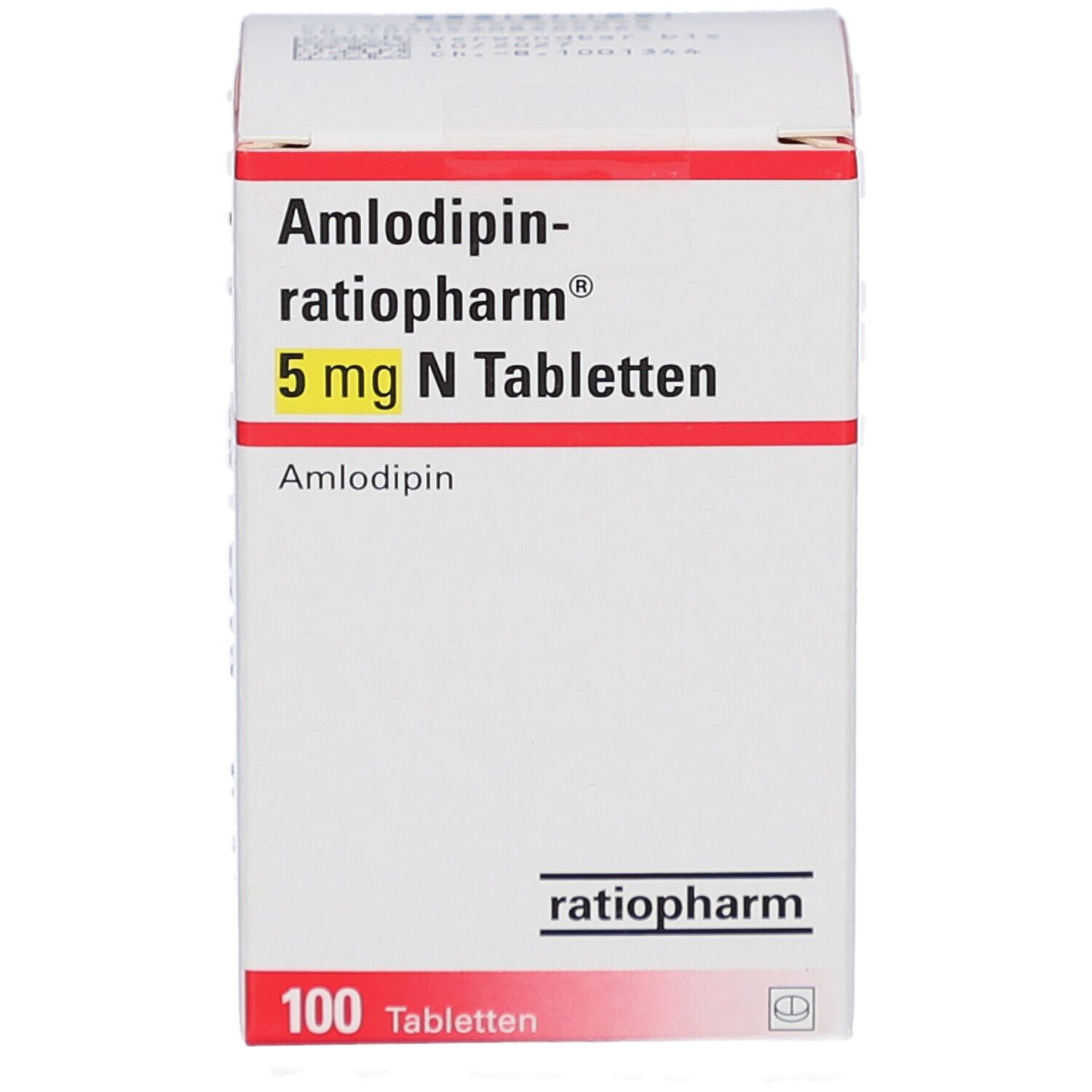 Schachtel mit AMLODIPIN-ratiopharm 5 mg N Tabletten. Aufschrift: 100 Tabletten. Marke ratiopharm.