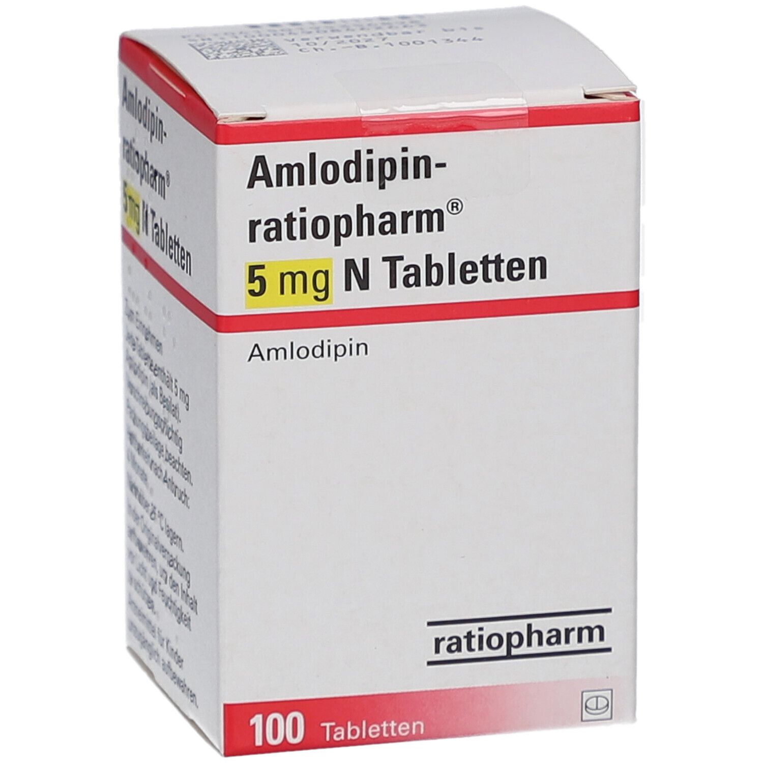 Schachtel mit AMLODIPIN-ratiopharm 5 mg N Tabletten. Text auf der Seite. Marke ratiopharm. 100 Tabletten.