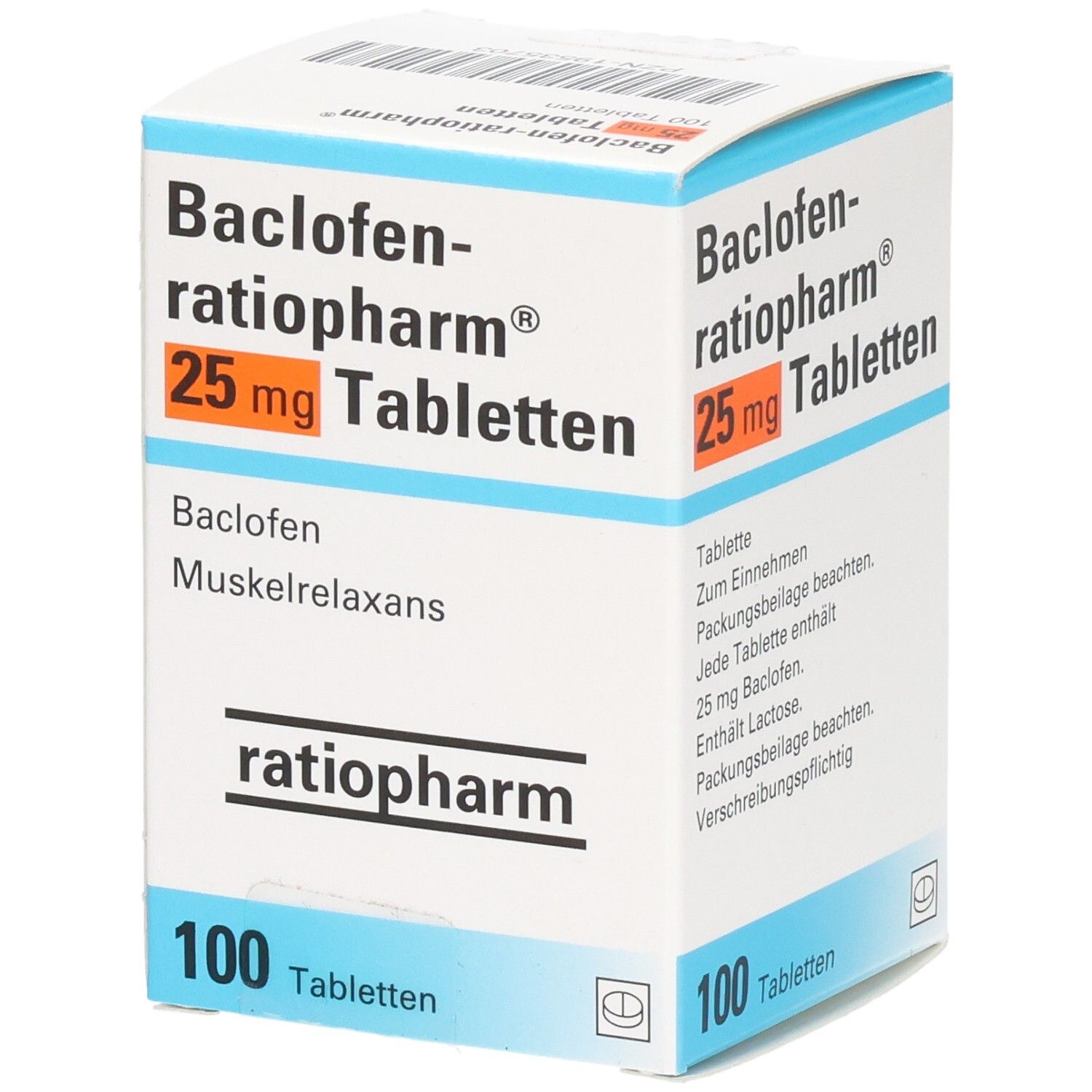 Arzneimittelpackung mit "Baclofen-ratiopharm 25 mg Tabletten". 100 Tabletten. Marke ratiopharm. Text in Deutsch.