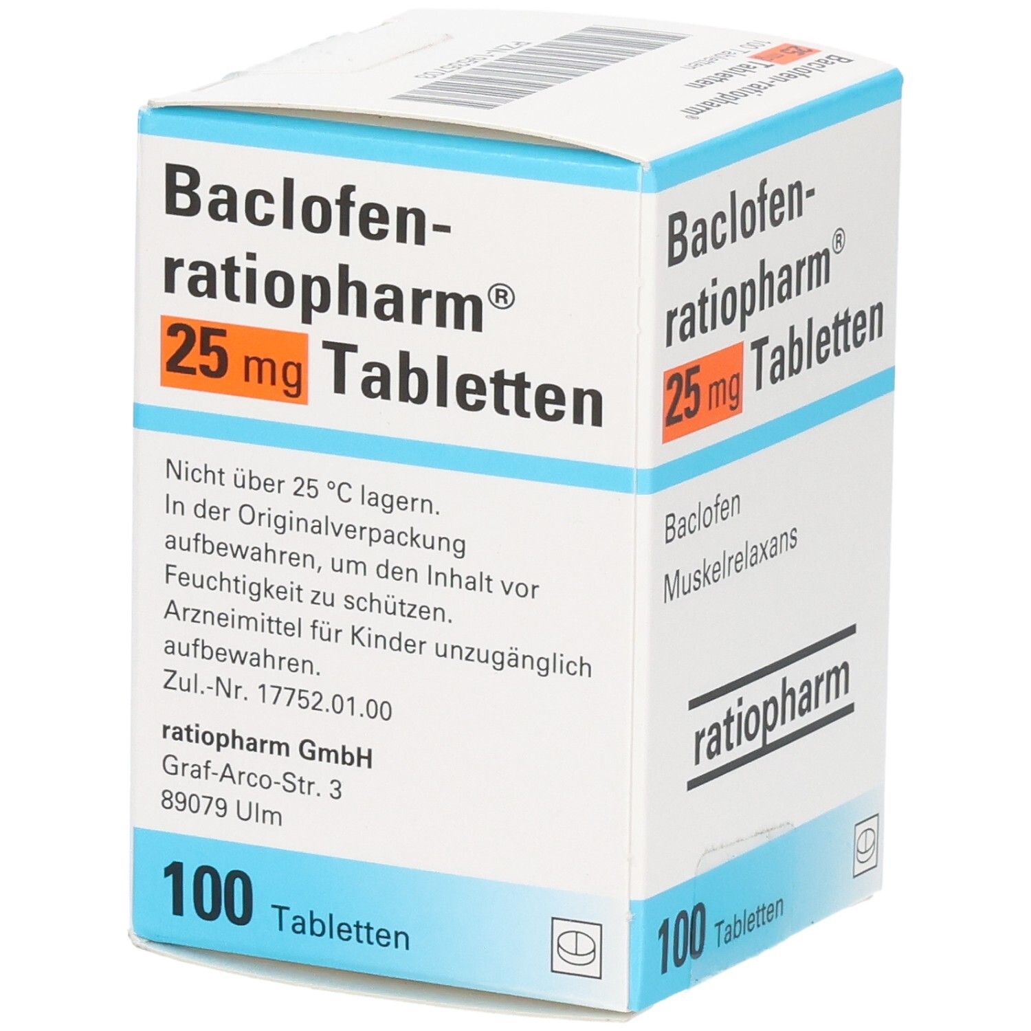 Arzneimittelpackung "Baclofen-ratiopharm 25 mg Tabletten". 100 Tabletten. Marke ratiopharm. Text in Deutsch.