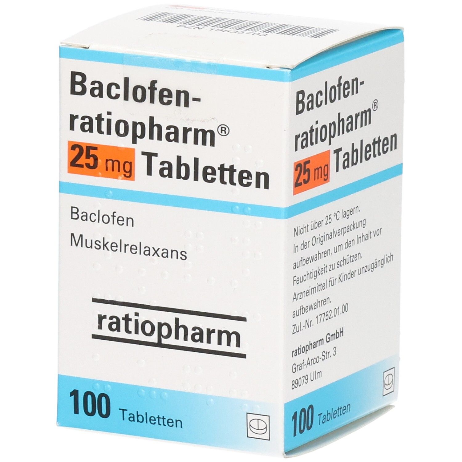 Arzneimittelpackung "Baclofen-ratiopharm 25 mg Tabletten". 100 Tabletten. Marke ratiopharm. Text in Deutsch.