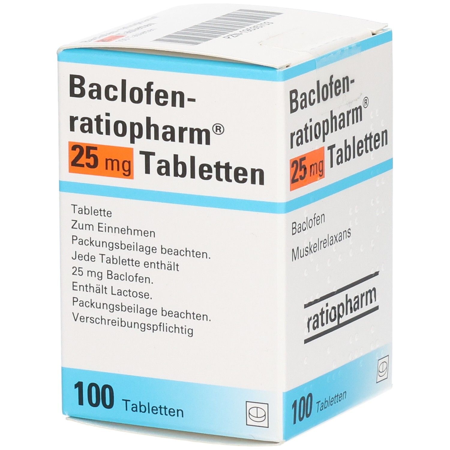 Arzneimittelpackung "Baclofen-ratiopharm 25 mg Tabletten". 100 Tabletten. Marke ratiopharm. Text in Deutsch.