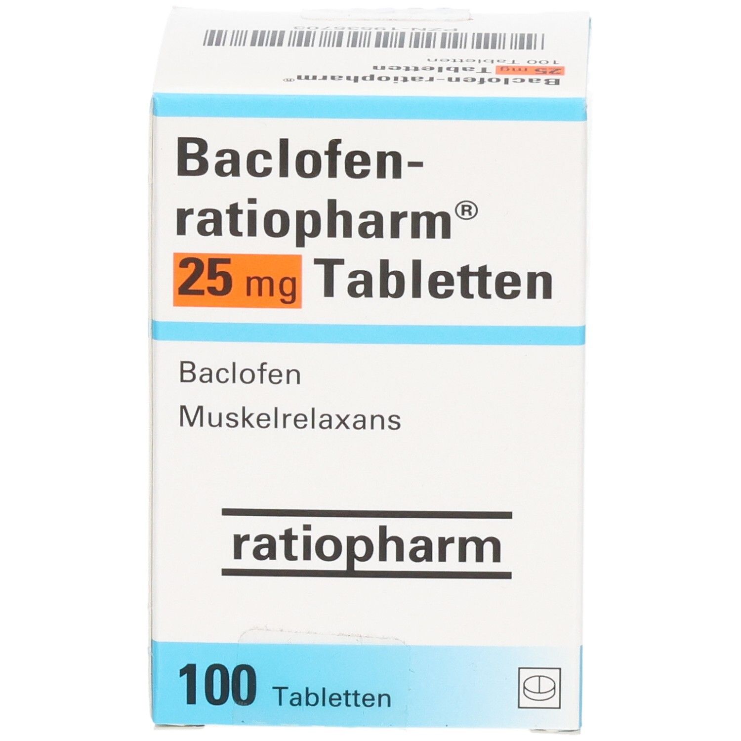 Arzneimittelpackung "Baclofen-ratiopharm 25 mg Tabletten". 100 Tabletten. Marke ratiopharm. Text in Deutsch.