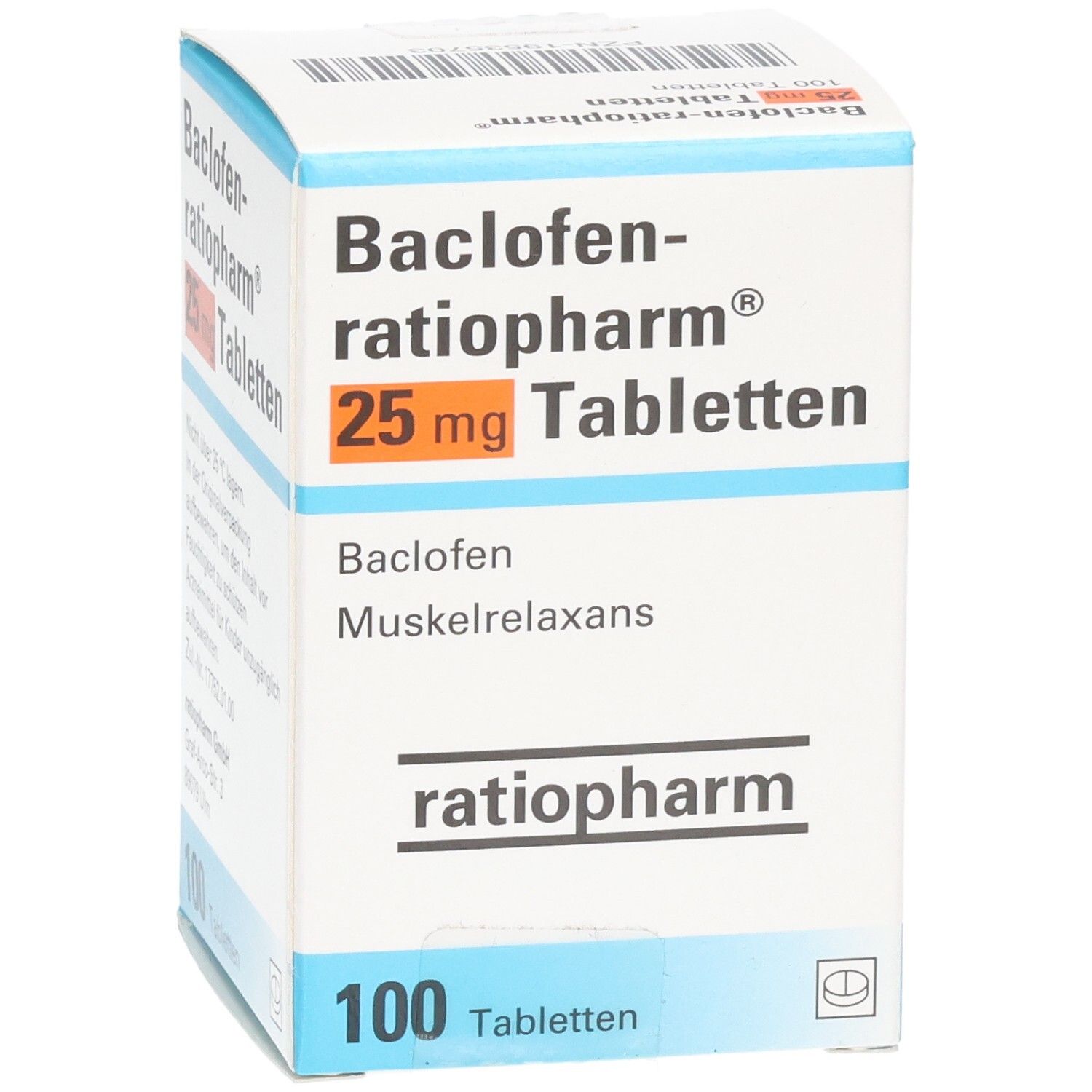 Arzneimittelpackung "Baclofen-ratiopharm 25 mg Tabletten". 100 Tabletten. Marke ratiopharm. Text in Deutsch.