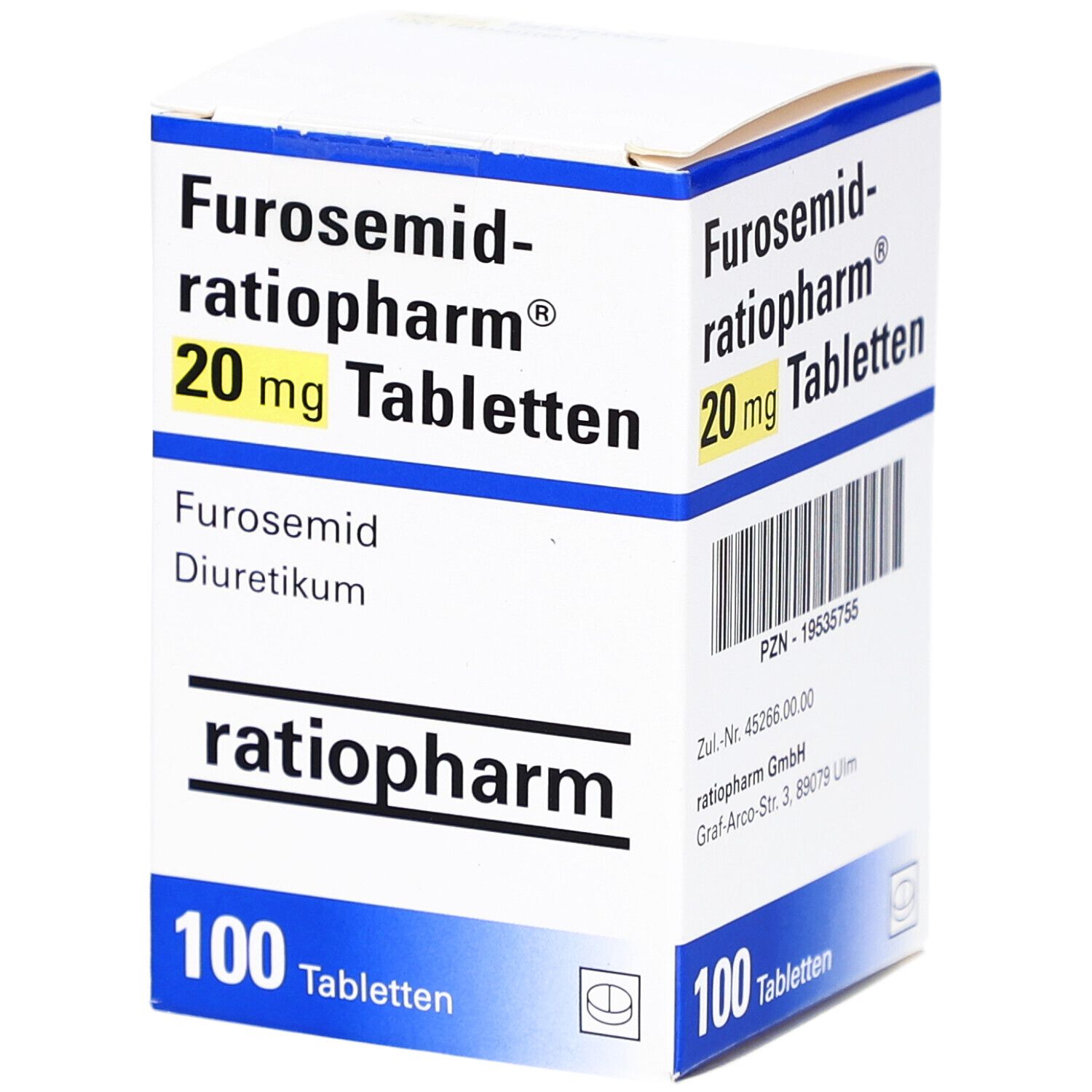 Weiße Tablettenschachtel mit Aufschrift 'Furosemid-ratiopharm 20 mg Tabletten'. Enthält 100 Tabletten. Marke ratiopharm.
