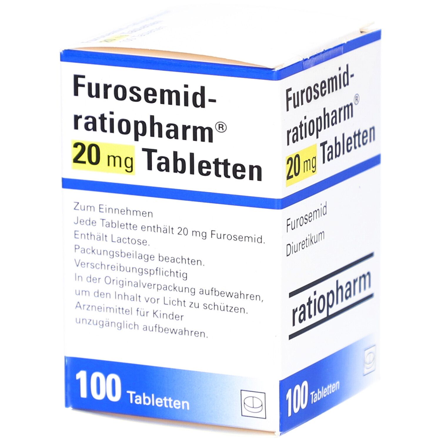 Tablettenschachtel mit Text: 'Furosemid-ratiopharm 20 mg Tabletten'. Enthält 100 Tabletten. Zusätzliche Informationen auf der Verpackung.