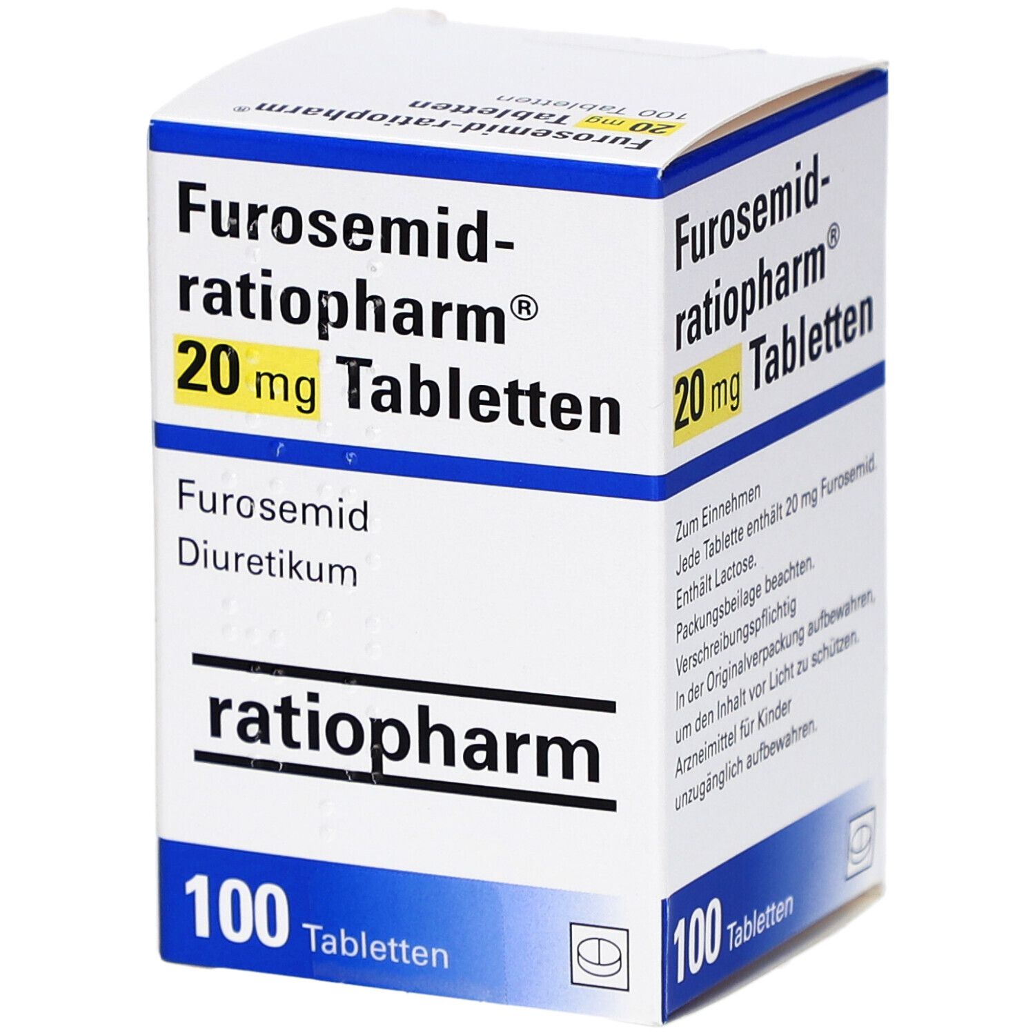 Tablettenschachtel mit 'Furosemid-ratiopharm 20 mg Tabletten'. Enthält 100 Tabletten. Marke ratiopharm. Diuretikum.