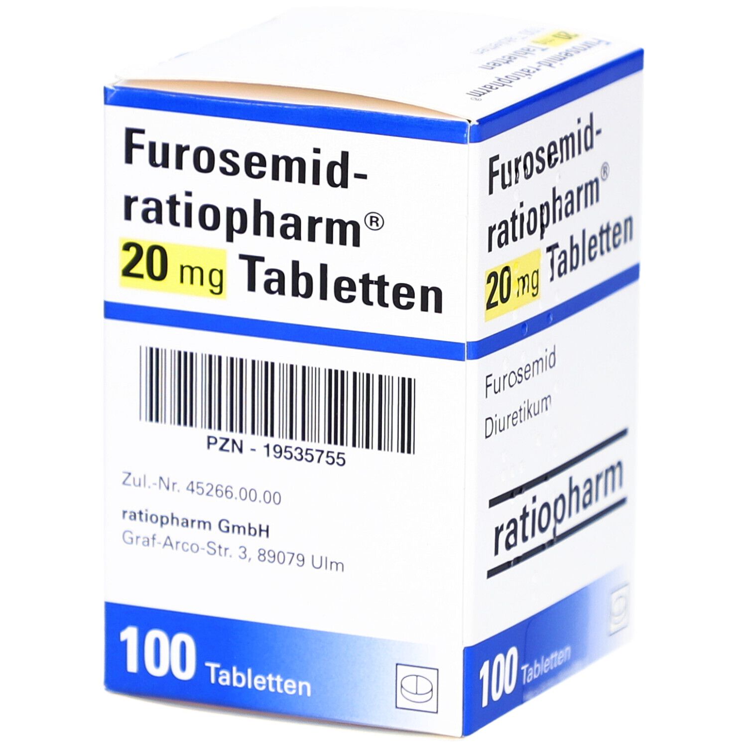 Tablettenschachtel 'Furosemid-ratiopharm 20 mg Tabletten'. Enthält 100 Tabletten. Mit PZN-Nummer und ratiopharm-Logo.